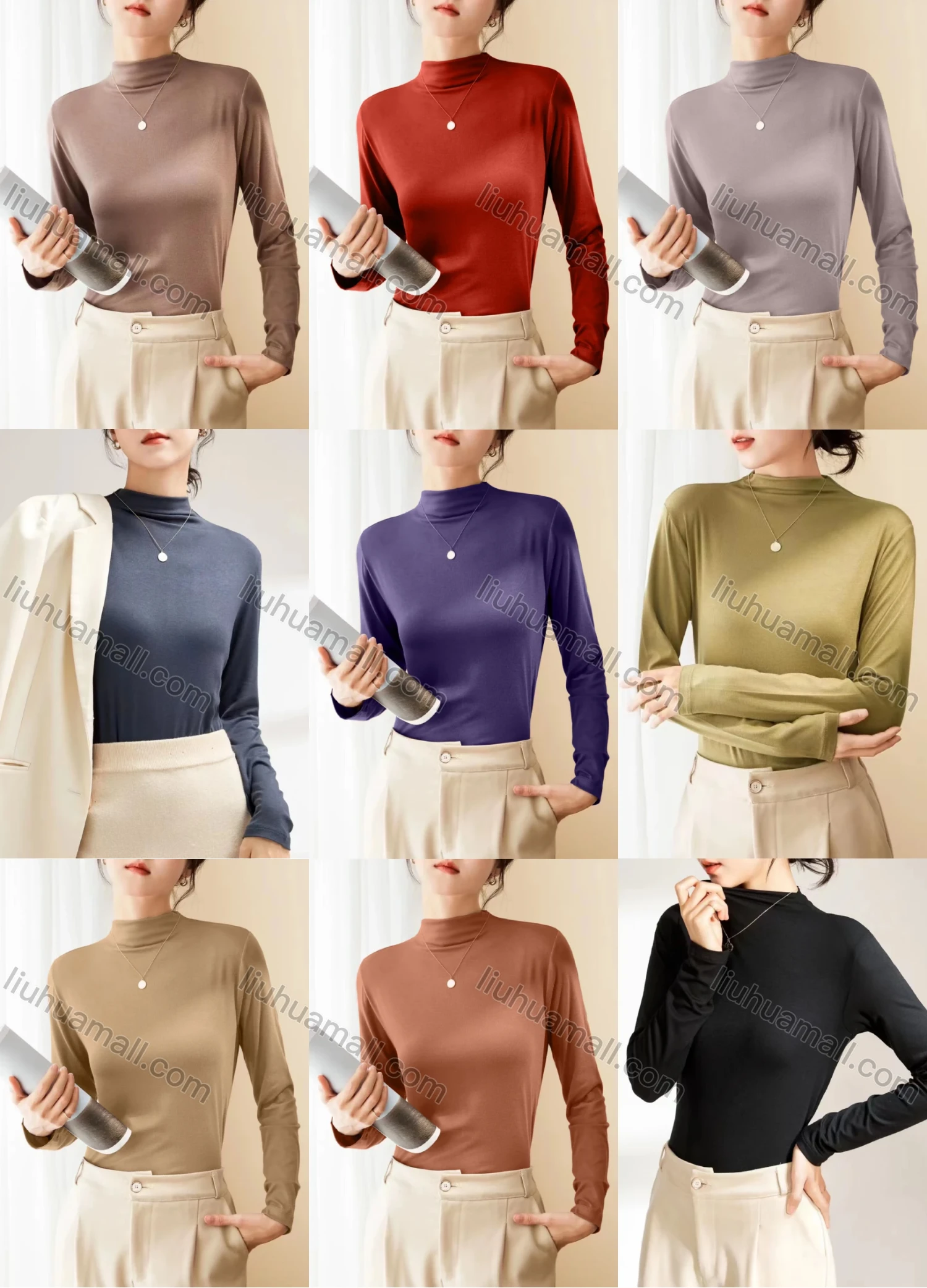 Wholesale Women's Casual Plain Mock Neck Long Sleeve Top 205# - Liuhuamall