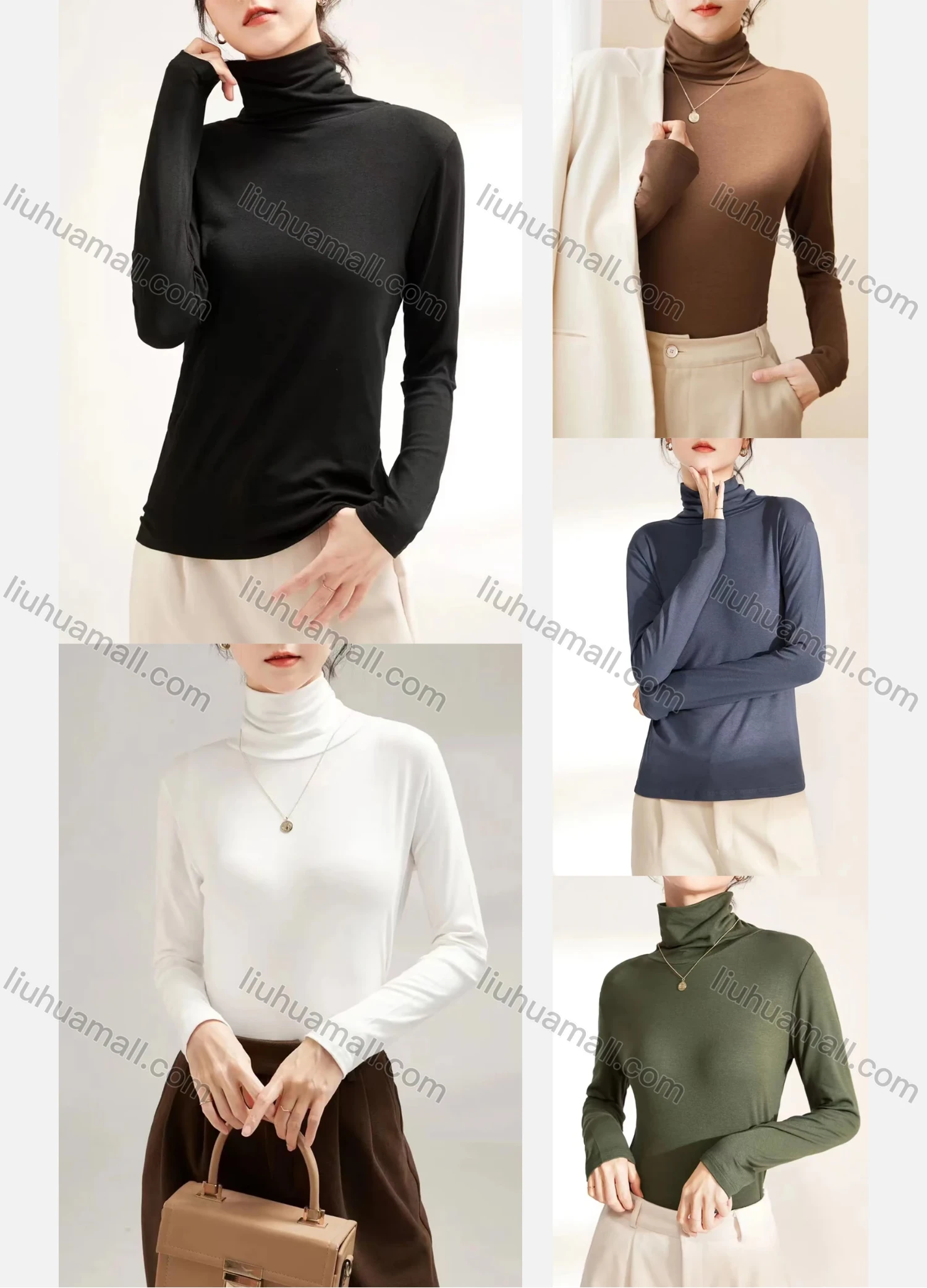 Wholesale Women's Casual Plain Turtleneck Long Sleeve Top - Liuhuamall