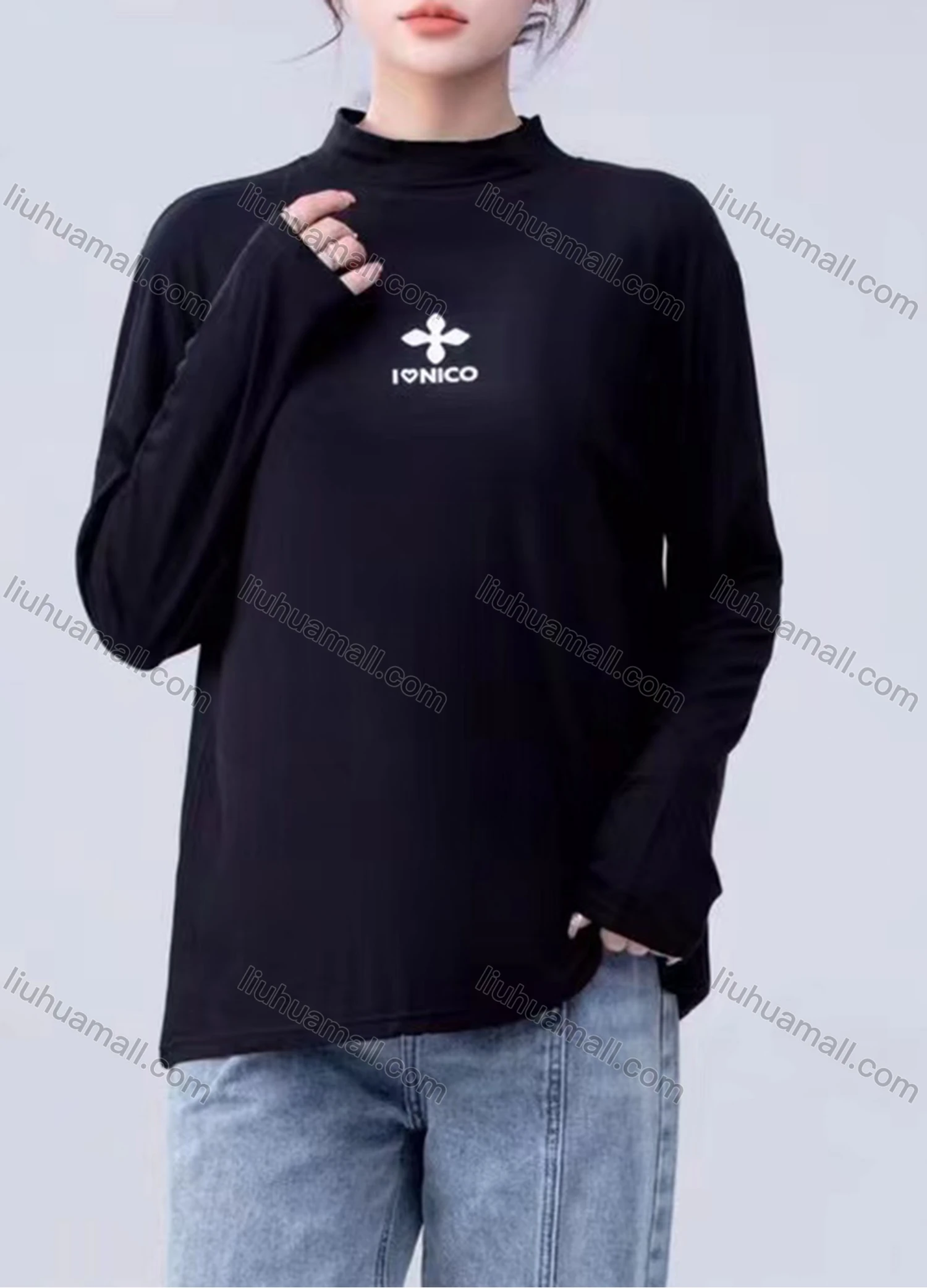 Wholesale Women's Casual Letter Print Mock Neck Long Sleeve Top - Liuhuamall