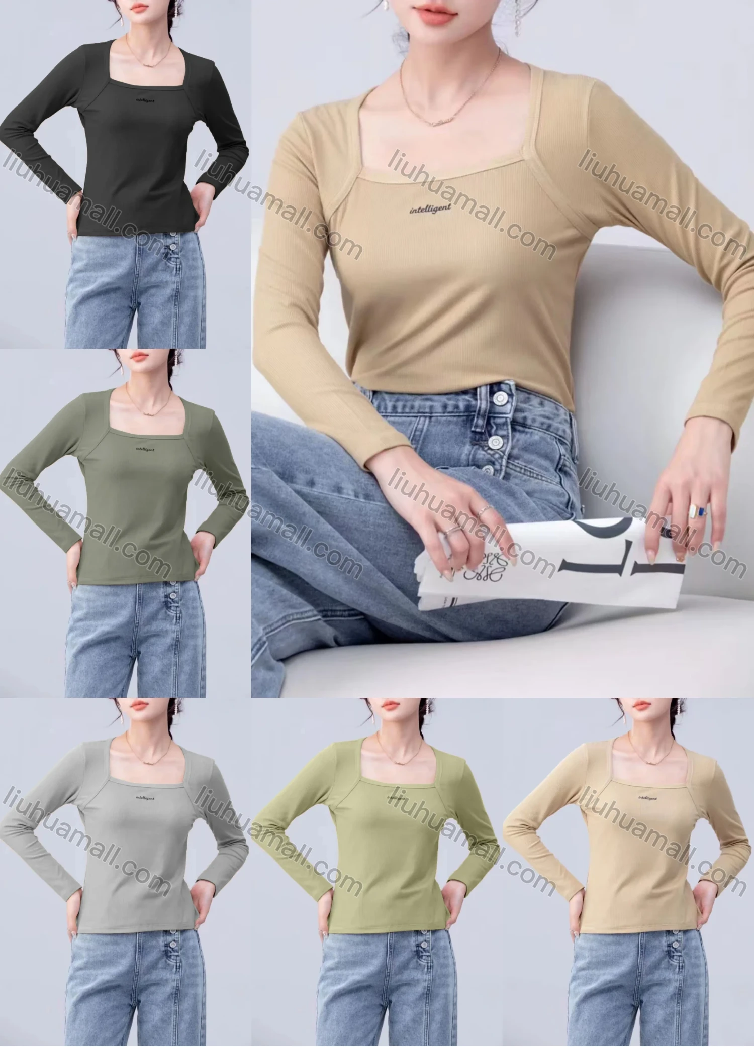 Wholesale Women's Casual Plain Square Neck Long Sleeve Top 7776# - Liuhuamall