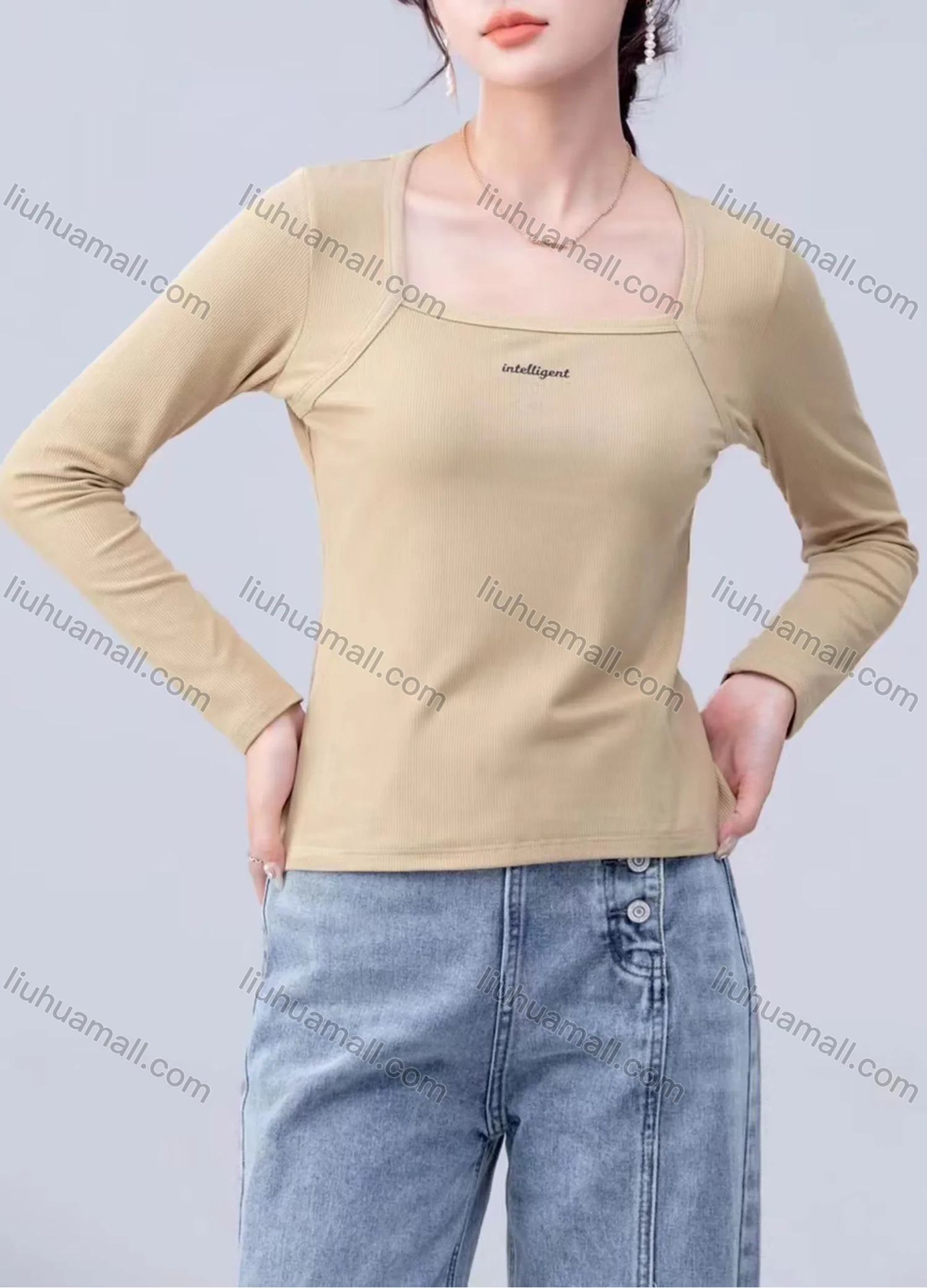 Wholesale Women's Casual Plain Square Neck Long Sleeve Top 7776# - Liuhuamall