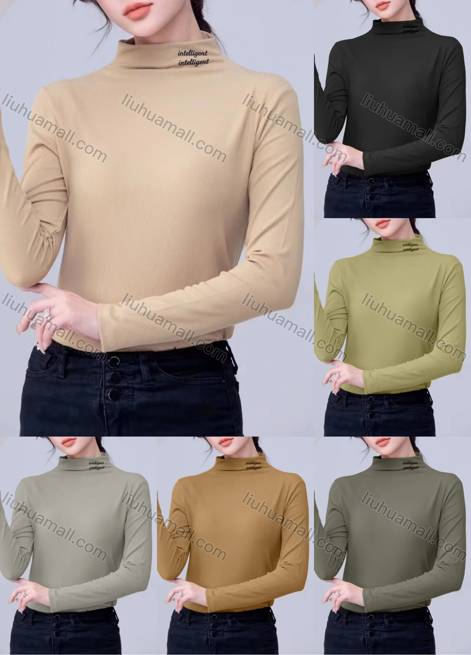 Wholesale Women's Casual Letter Print Mock Neck Long Sleeve Top 7773# - Liuhuamall