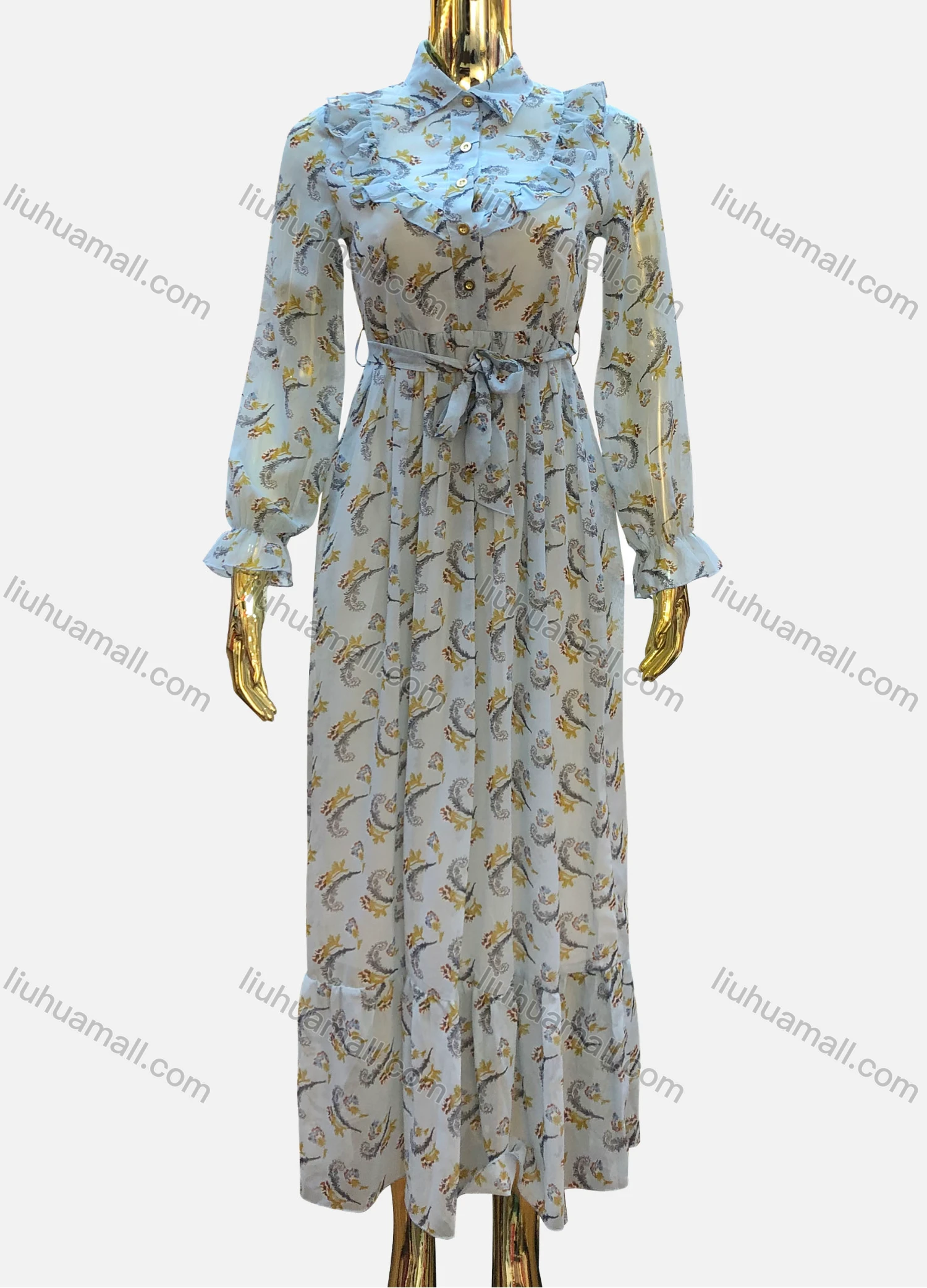 Wholesale Women's Casual Poet Sleeve Button Decor Allover Print Maxi Dress With Belt - Liuhuamall
