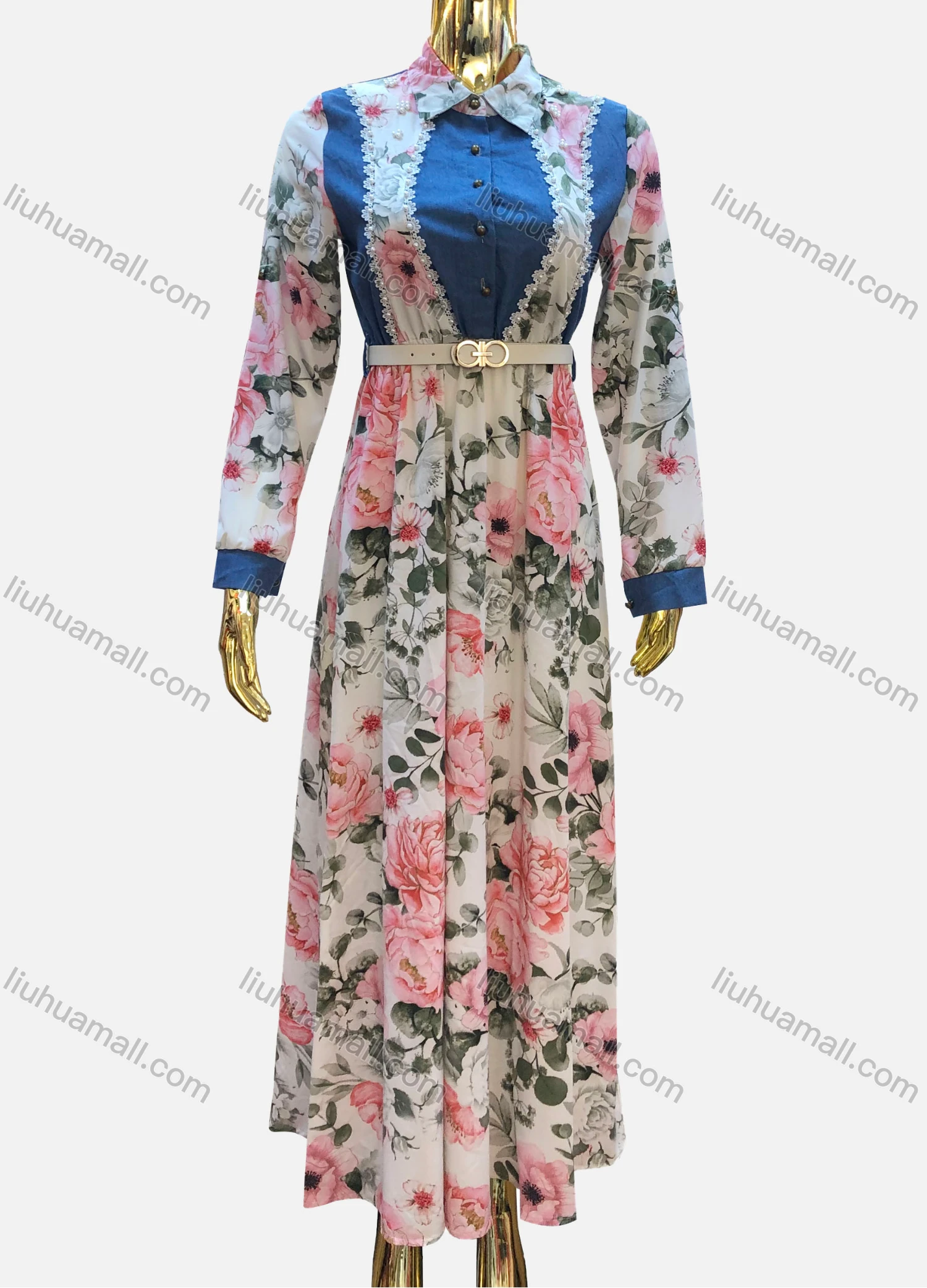 Wholesale Women's Casual Long Sleeve Button Font Floral Print Maxi Dress With Belt - Liuhuamall