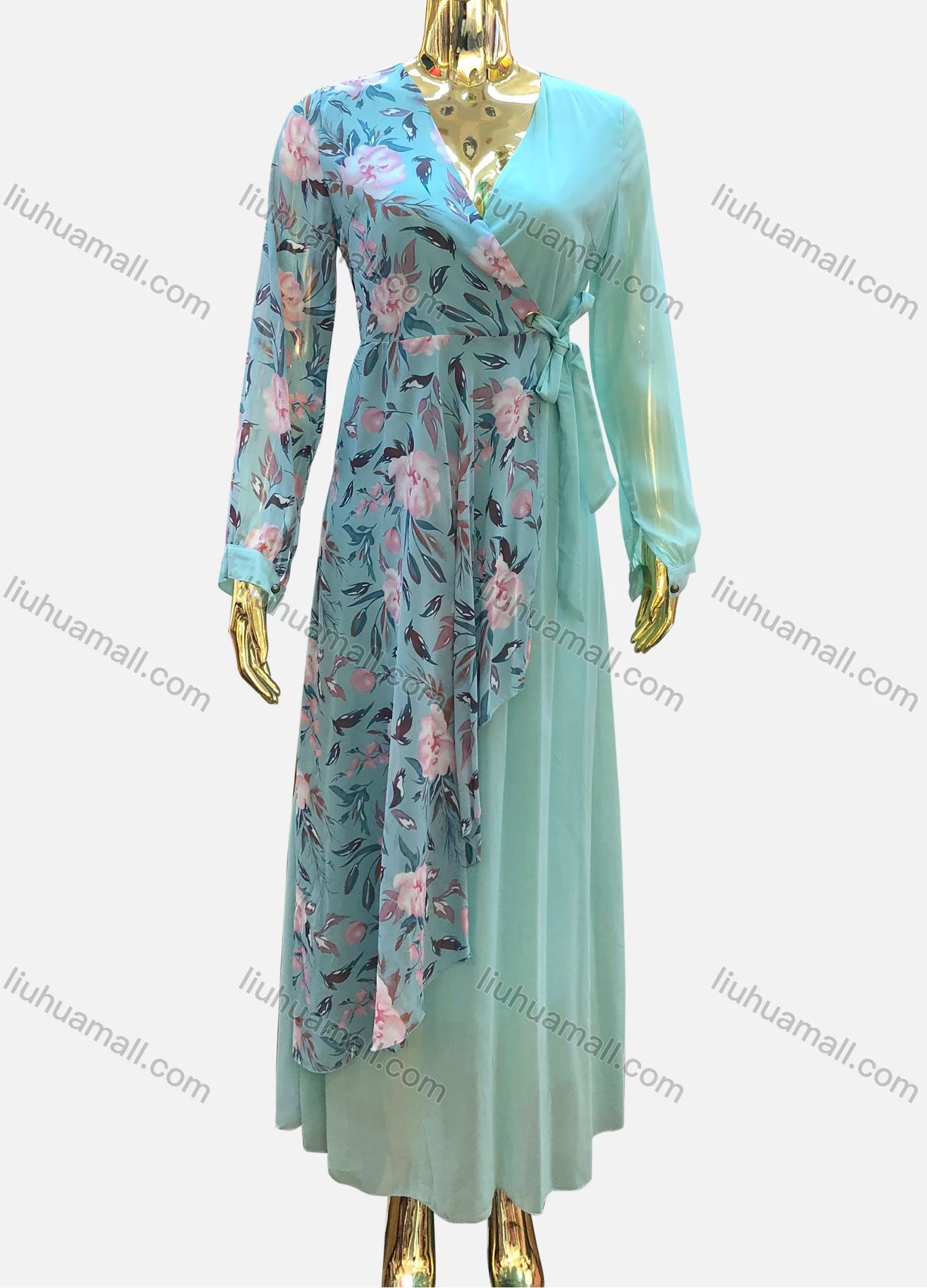 Wholesale Women's Casual V Neck Long Sleeve Floral Print Maxi Dress With Belt - Liuhuamall