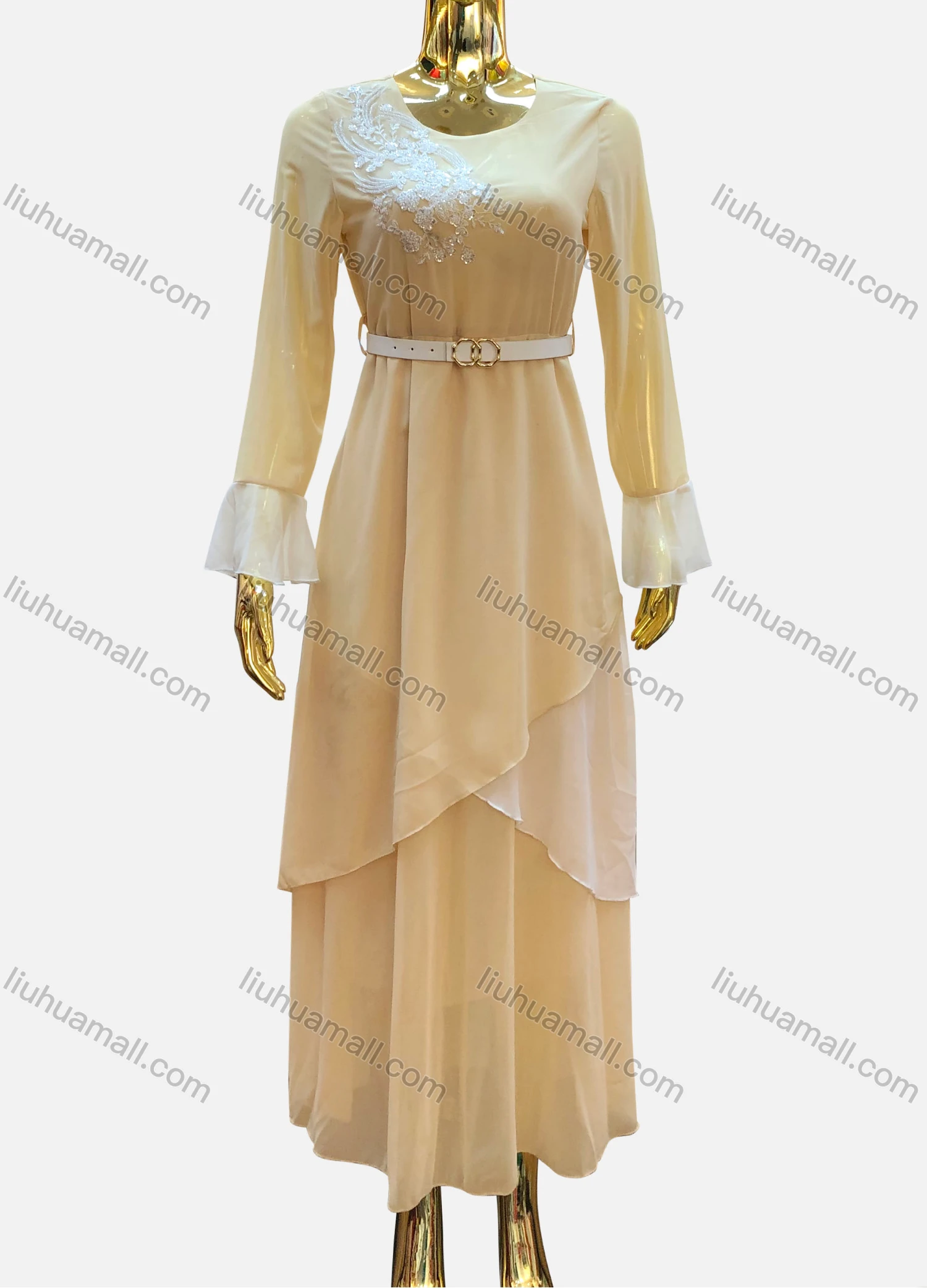 Wholesale Women's Casual Poet Sleeve Appliques Tiered Maxi Dress With Belt - Liuhuamall