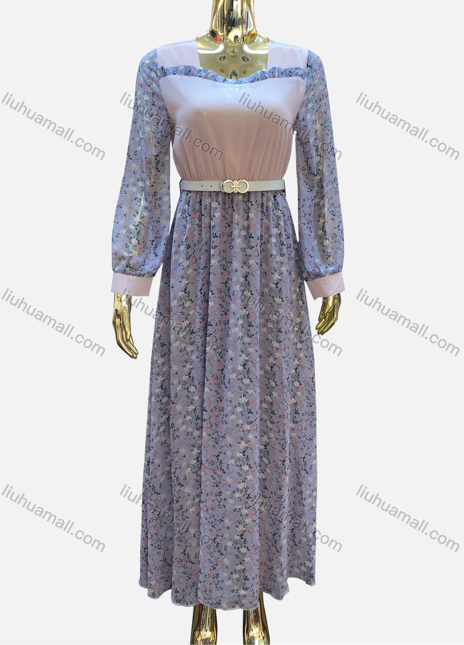 Wholesale Women's Casual Square Neck Long Sleeve Floral Print Maxi Dress With Belt - Liuhuamall