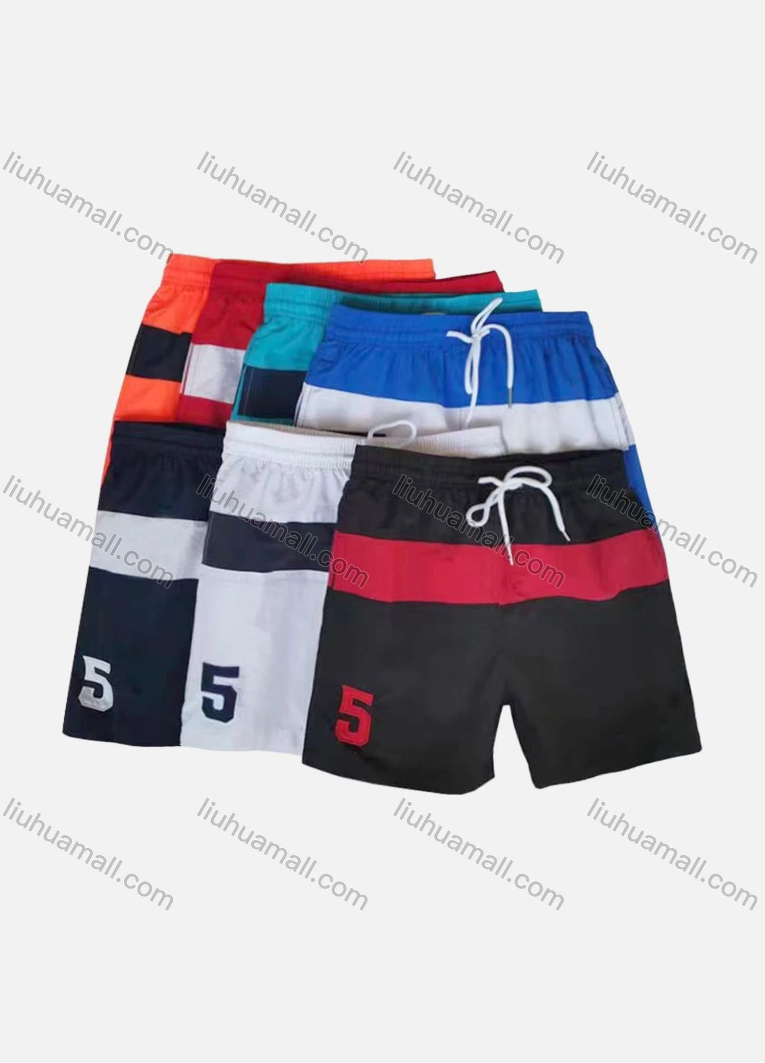 Wholesale Men's Striped Sporty Colorblock Number Print Drawstring Shorts - Liuhuamall