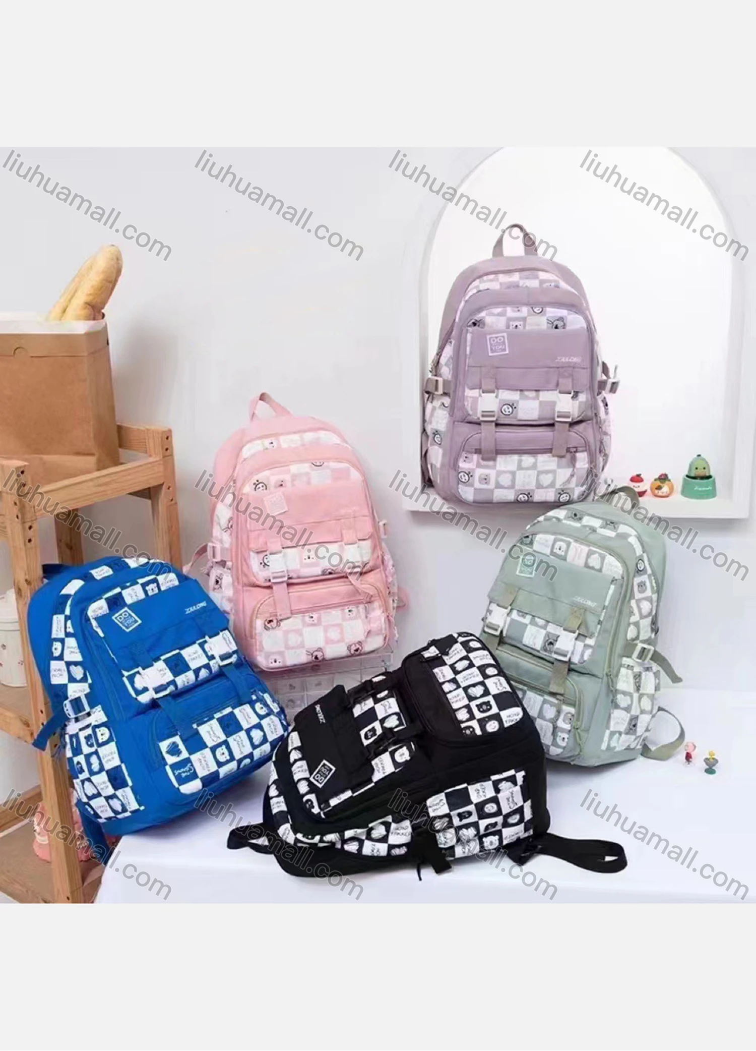 Wholesale Unisex Casual Nylon Plaid Print Backpack For School With Multiple Compartments - Liuhuamall