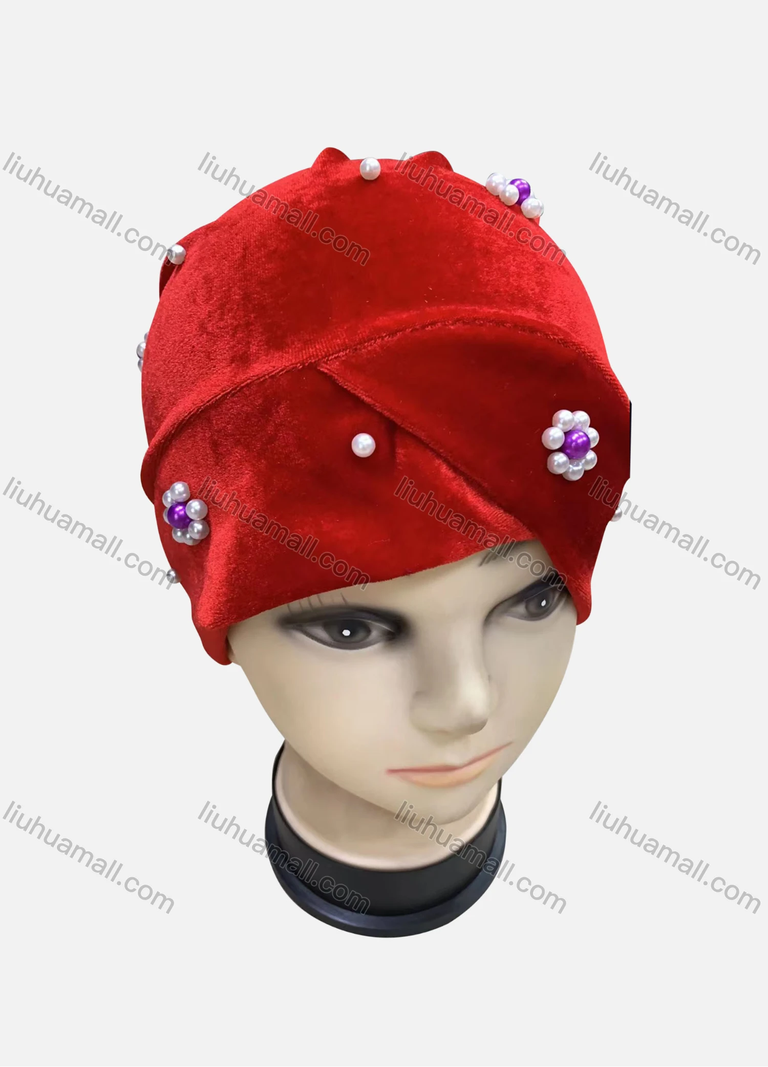 Wholesale Women's Plain Pearl Decor Wrap Strench Muslim Hijab Turban Cap - Liuhuamall