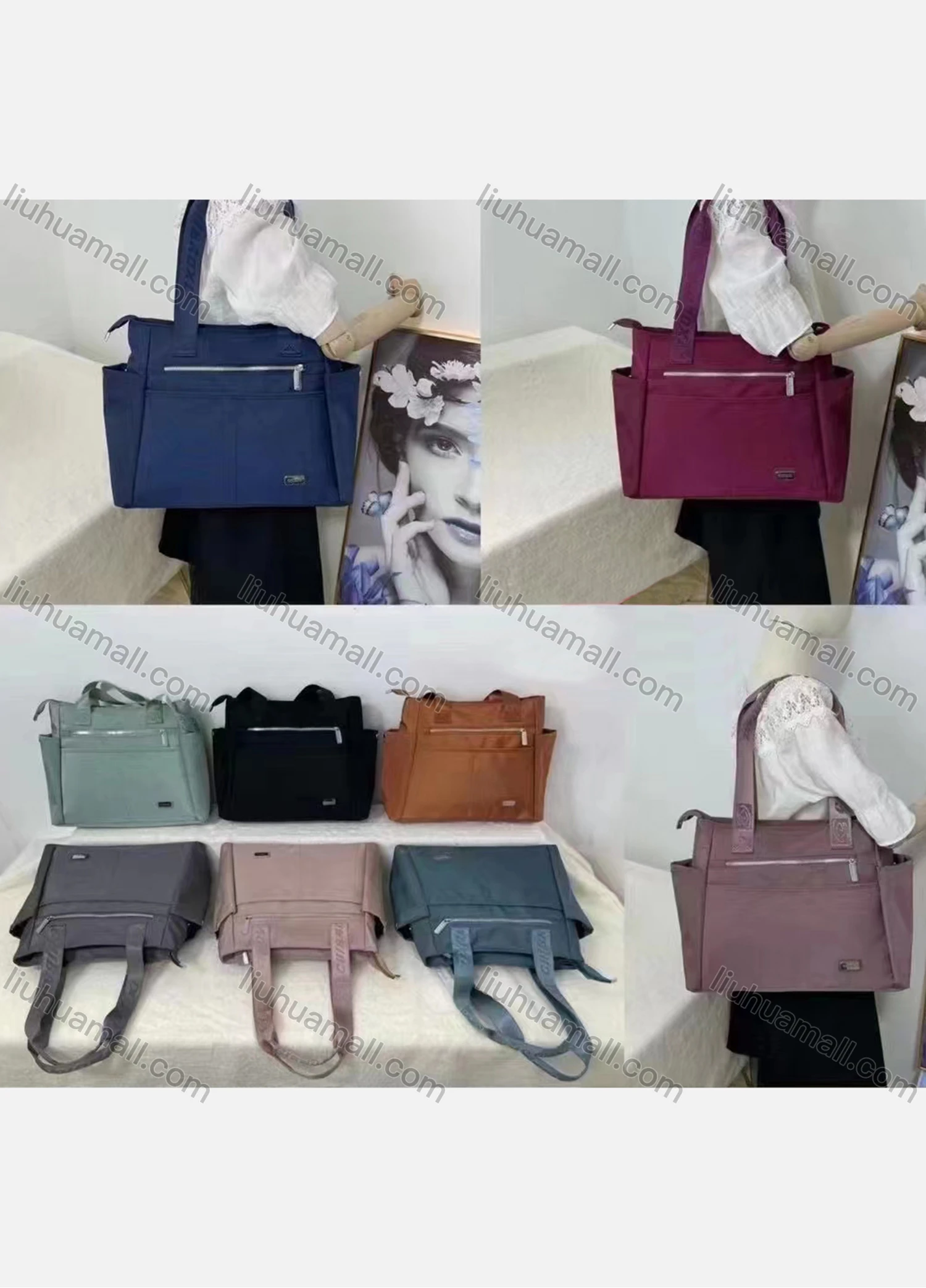 Wholesale Women's Casual Nylon Plain Portable Shoulder Bag With Multiple Compartments - Liuhuamall