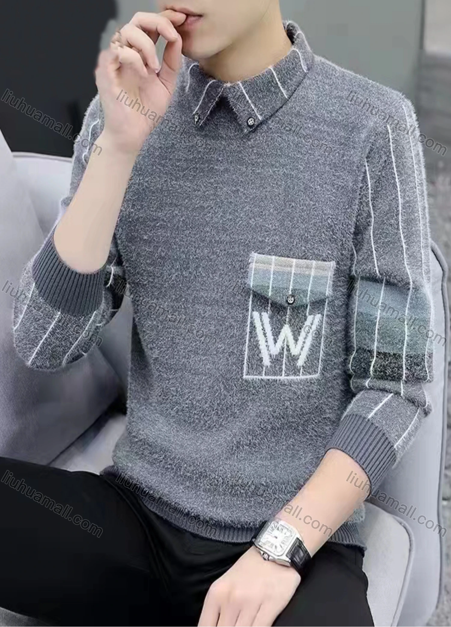 Wholesale Men's Casual Striped Turn-down Collar 3/4 Sleeve Sweater - Liuhuamall