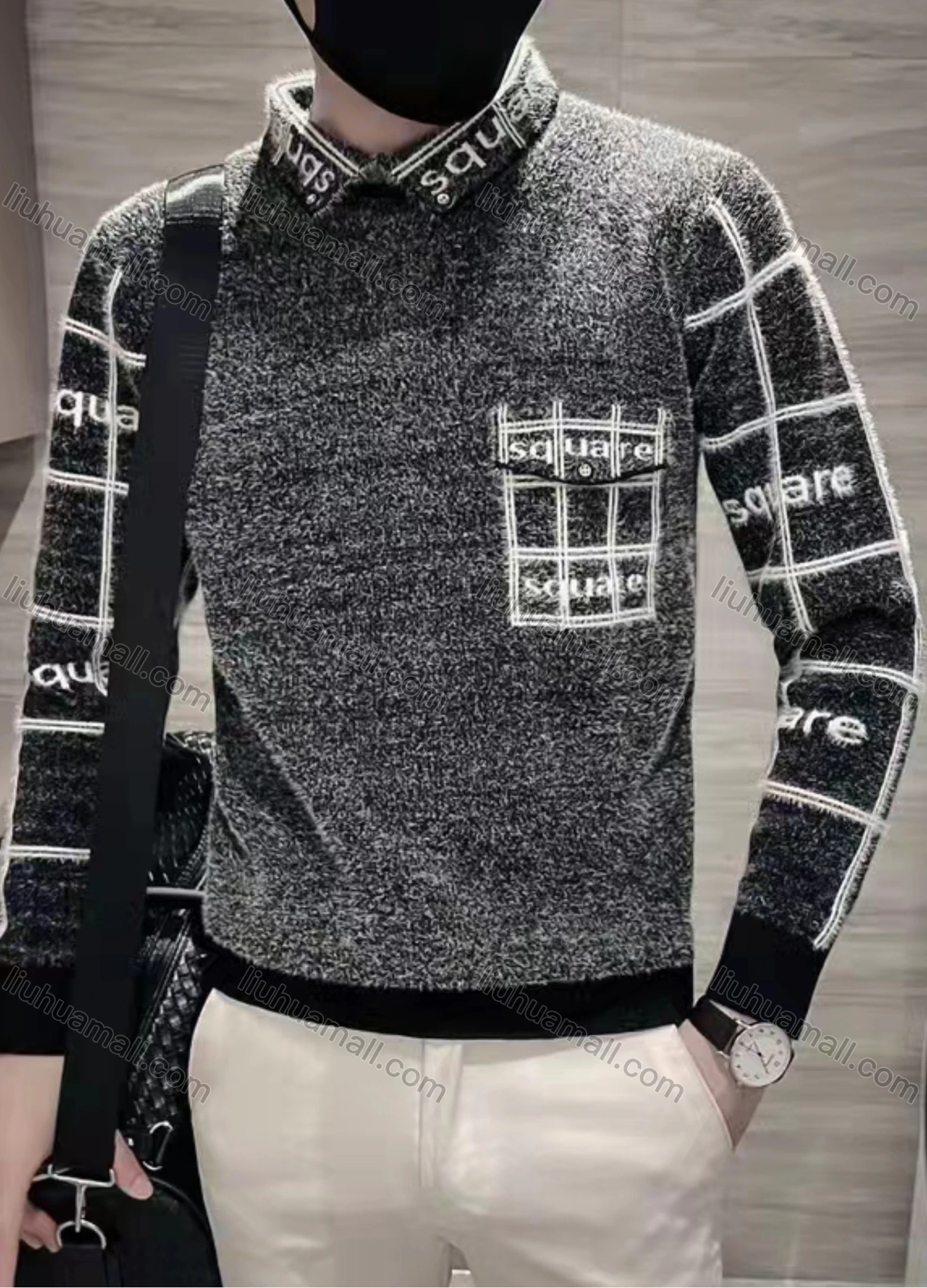 Wholesale Men's Casual Letter Print Turn-down Collar Long Sleeve Sweater - Liuhuamall