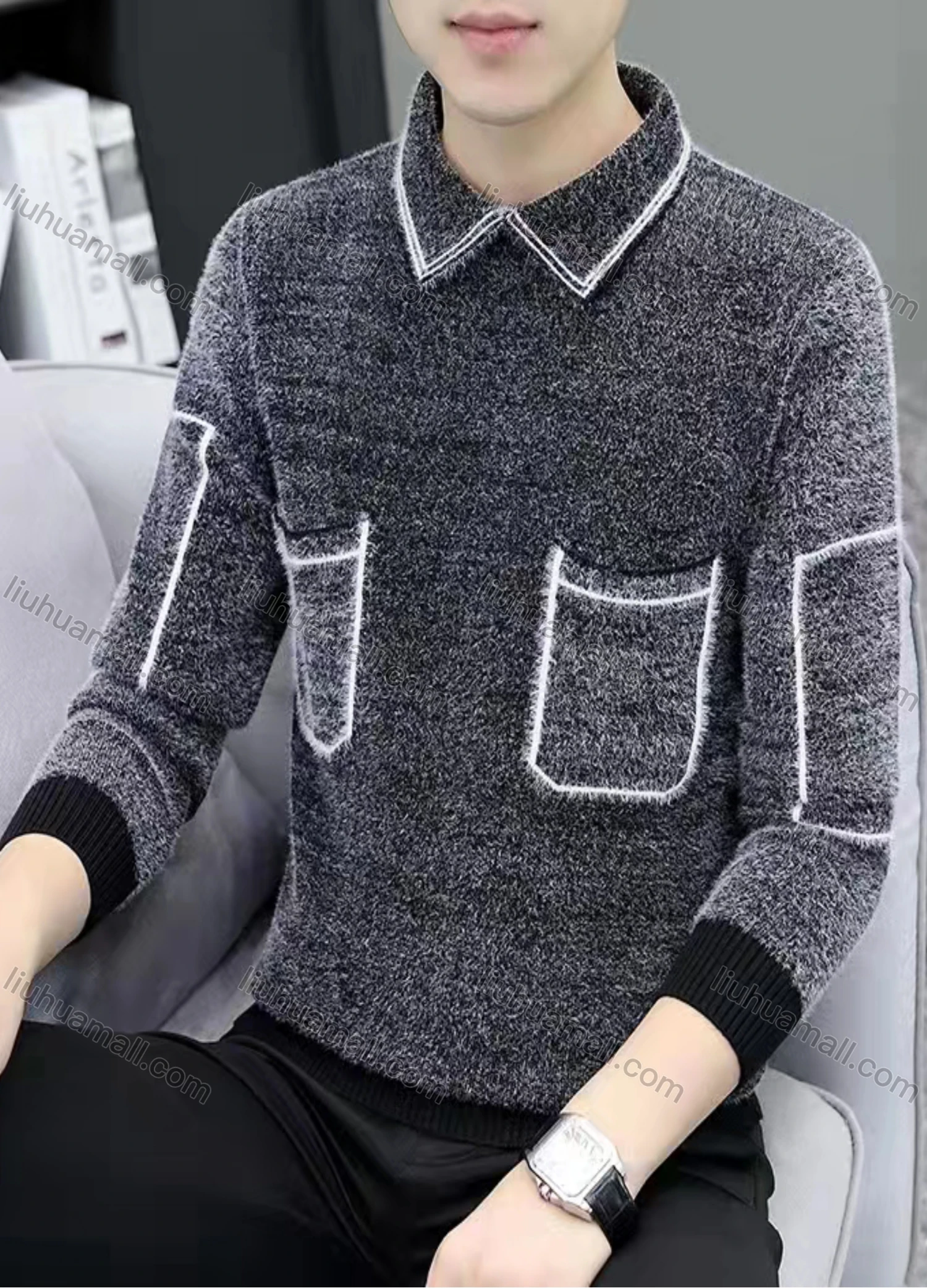 Wholesale Men's Casual Striped Turn-down Collar 3/4 Sleeve Sweater - Liuhuamall