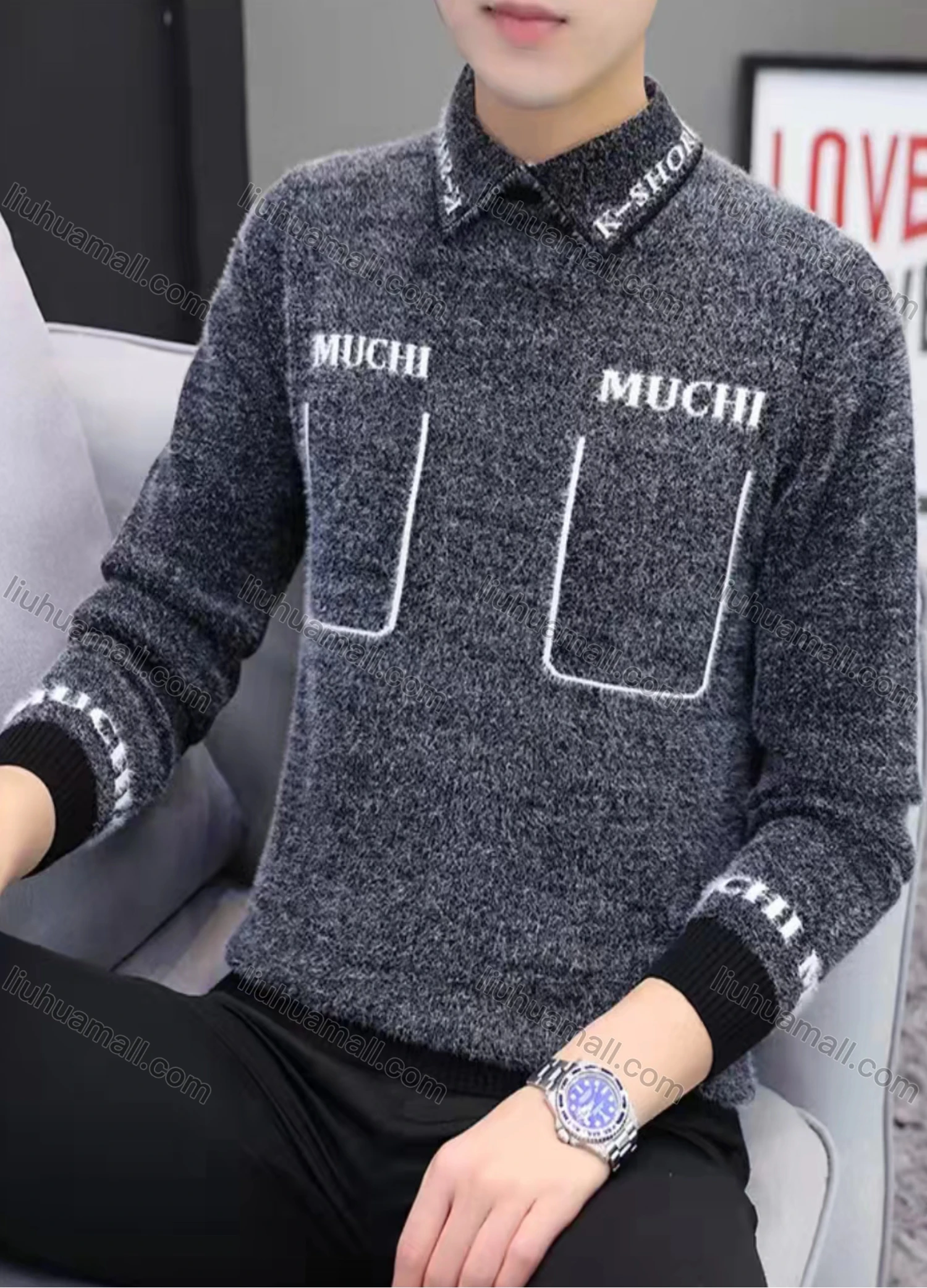 Wholesale Men's Casual Letter Print Turn-down Collar Long Sleeve Sweater - Liuhuamall