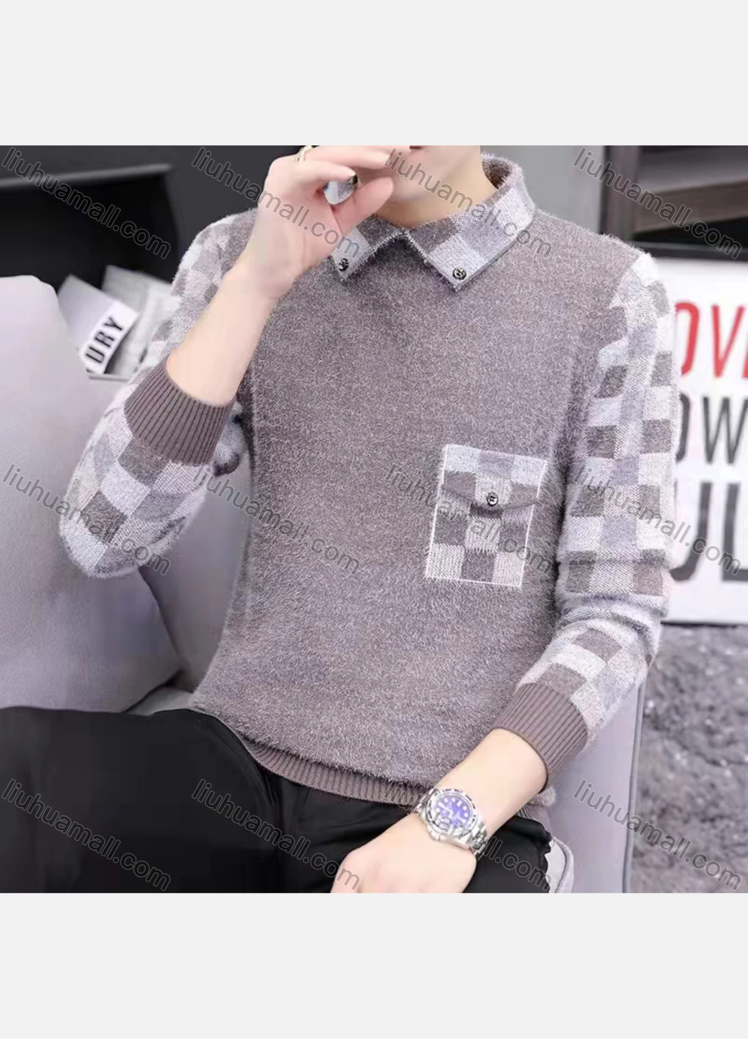 Wholesale Men's Casual Checkerboard Print Turn-down Collar 3/4 Sleeve Sweater - Liuhuamall
