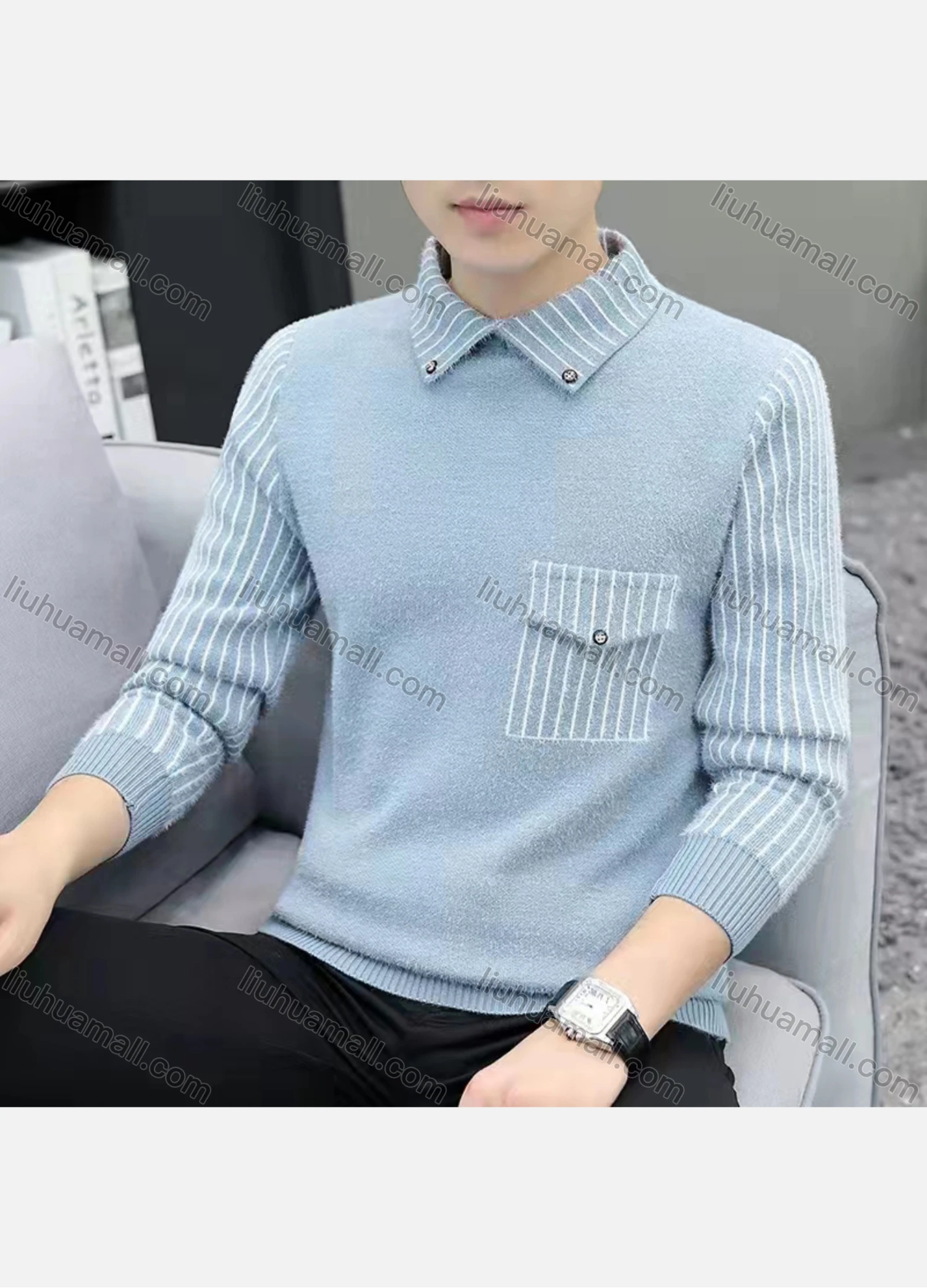 Wholesale Men's Casual Striped Turn-down Collar Long Sleeve Sweater - Liuhuamall