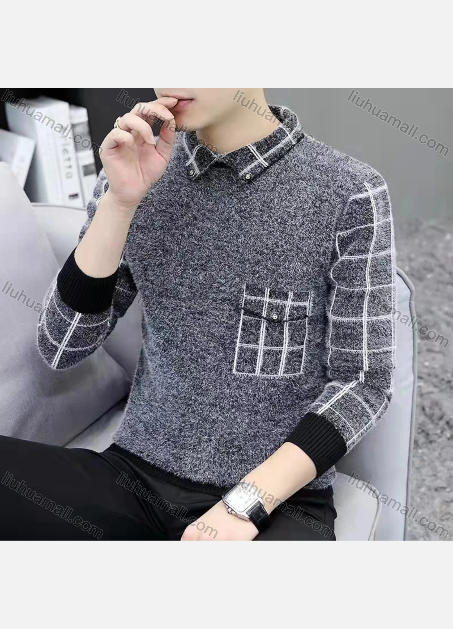 Wholesale Men's Casual Plaid Print Turn-down Collar Long Sleeve Sweater - Liuhuamall