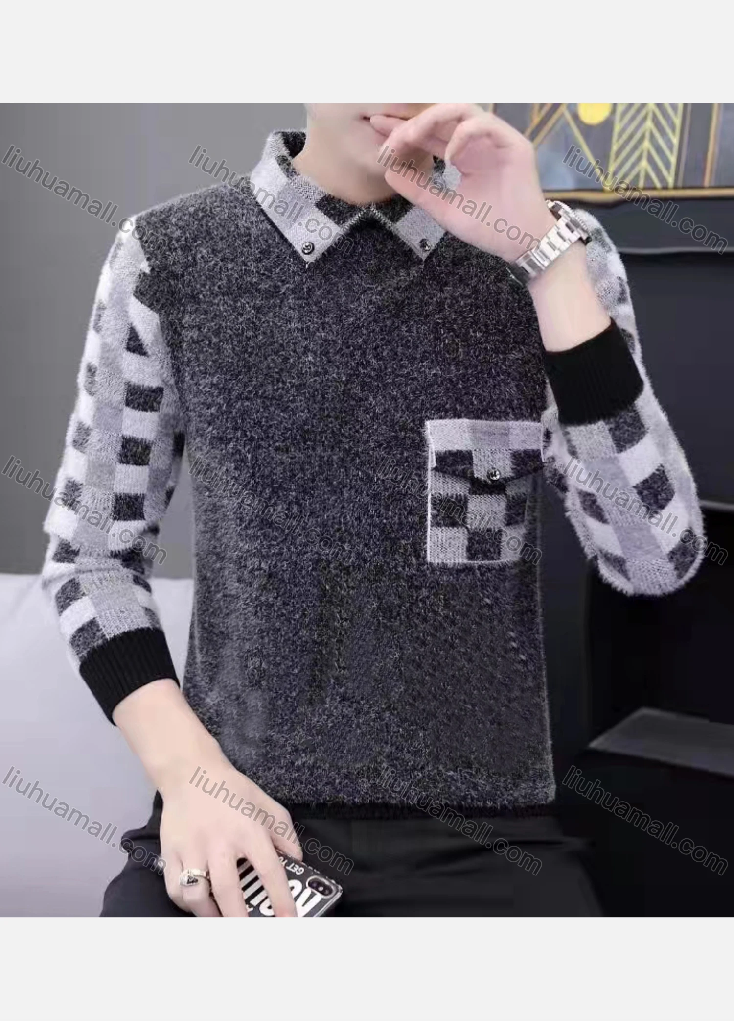 Wholesale Men's Casual Checkerboard Print Turn-down Collar 3/4 Sleeve Sweater - Liuhuamall