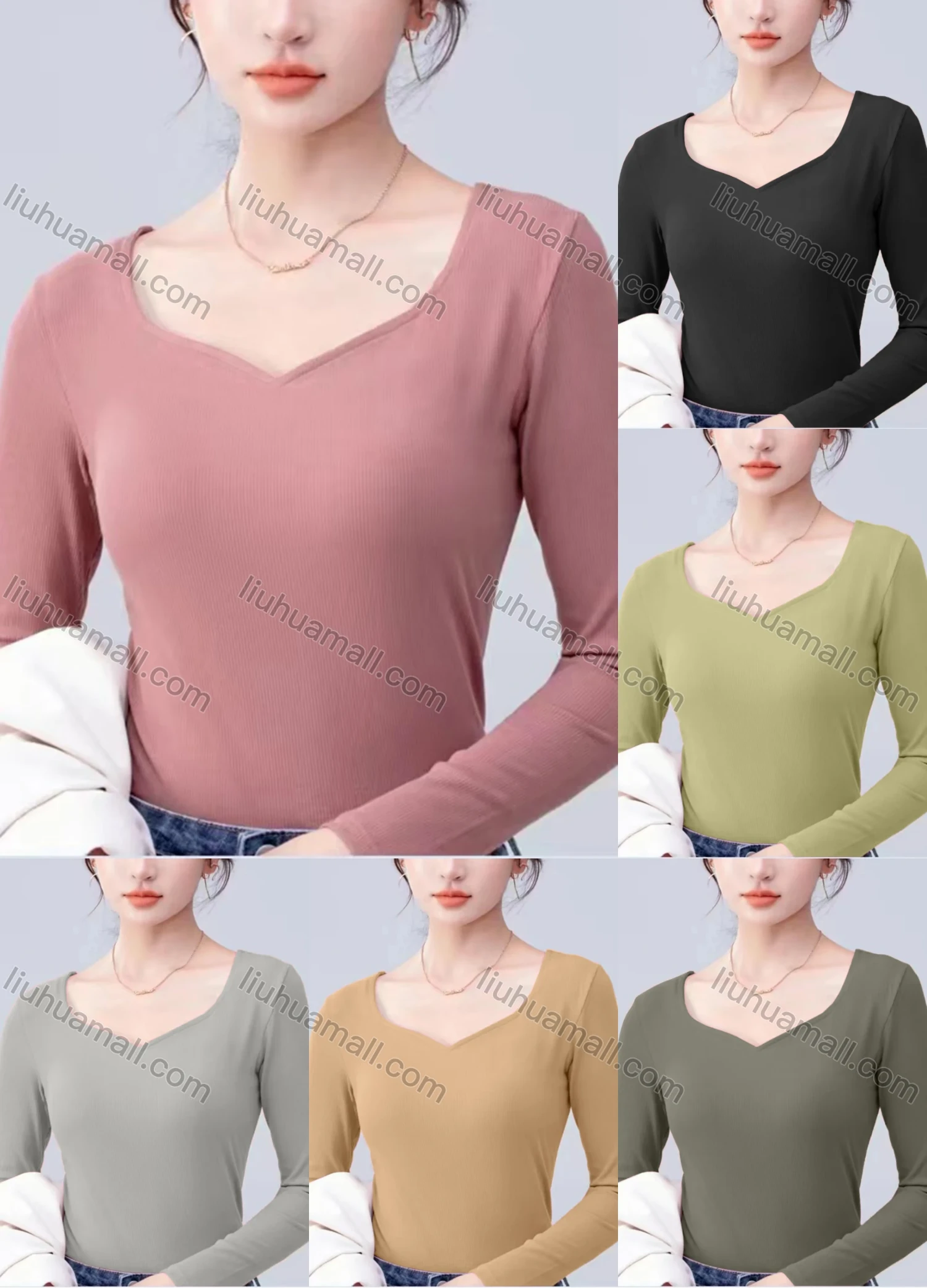 Wholesale Women's Casual Plain Notched Neck Long Sleeve Top 7732# - Liuhuamall