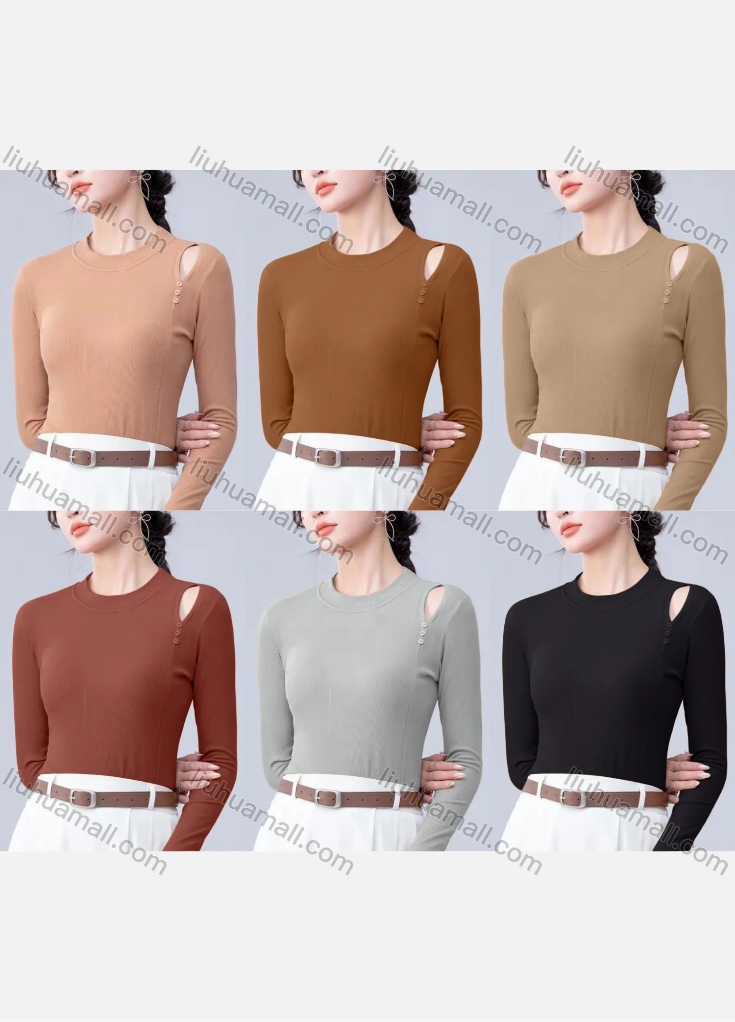 Wholesale Women's Casual Plain Round Neck Button Cut Out Long Sleeve Top 7740# - Liuhuamall