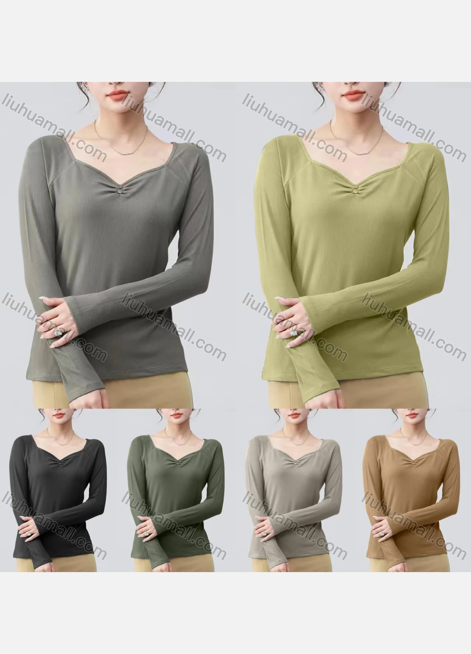 Wholesale Women's Casual Plain Button V Neck Long Sleeve Top 7742# - Liuhuamall