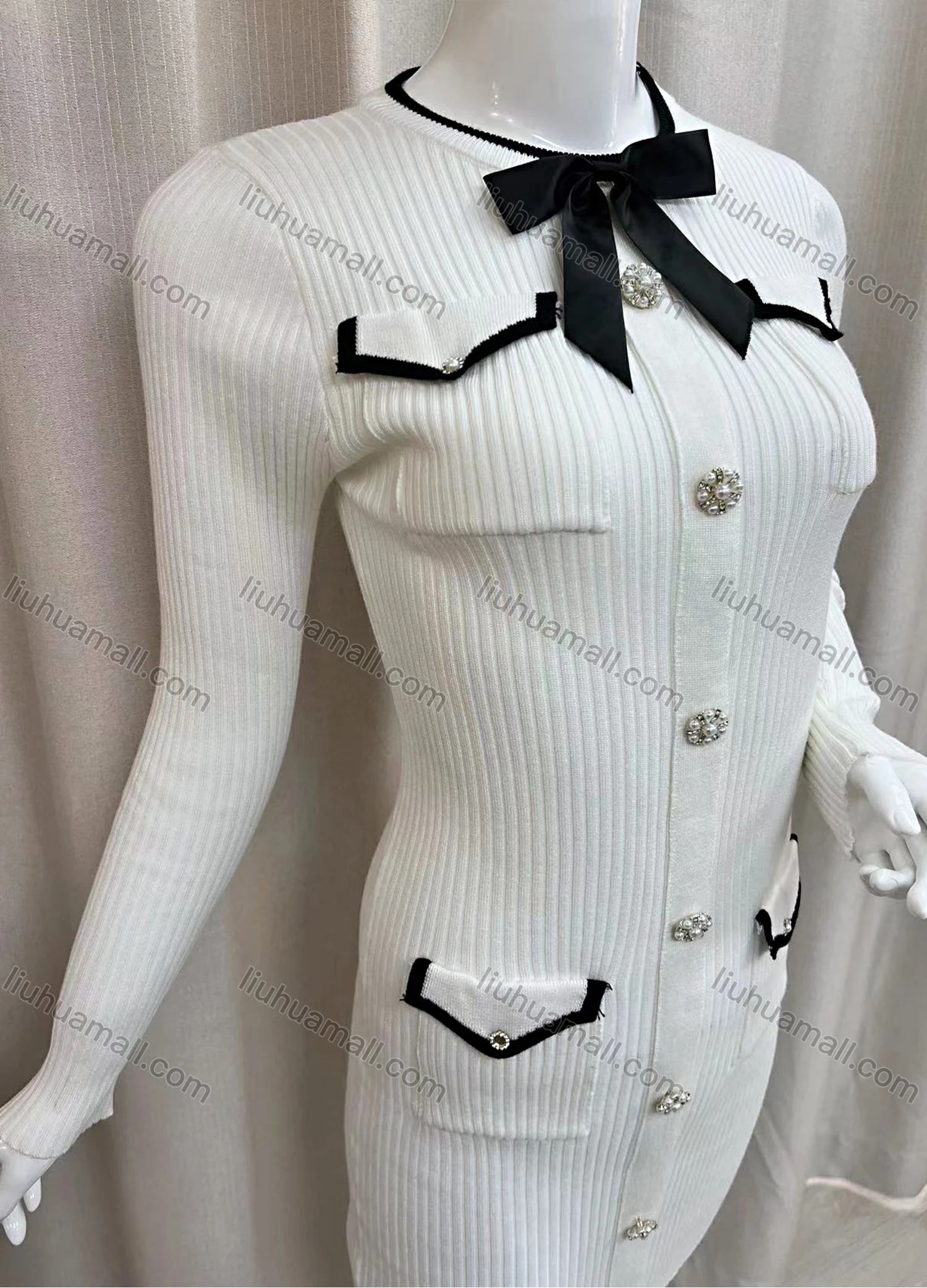 Wholesale Women's Plain Bow Knot Round Neck Long Sleeve Button Down Short Sweater Dress - Liuhuamall