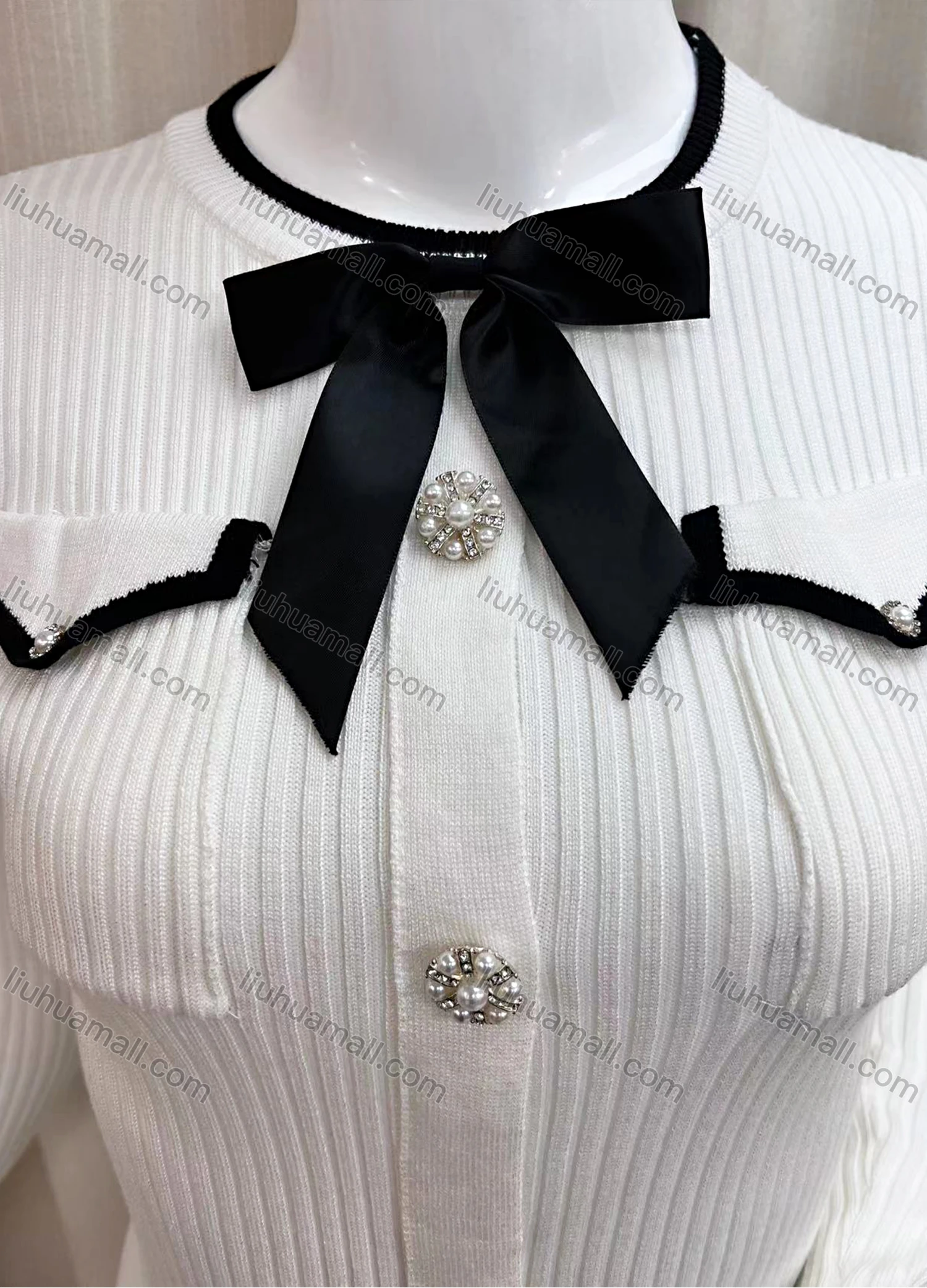 Wholesale Women's Plain Bow Knot Round Neck Long Sleeve Button Down Short Sweater Dress - Liuhuamall