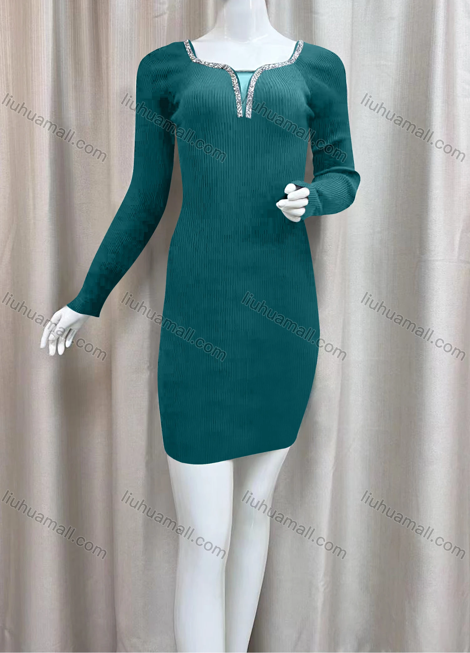 Wholesale Women's Casual Plain Notched Neck Long Sleeve Short Sweater Dress - Liuhuamall