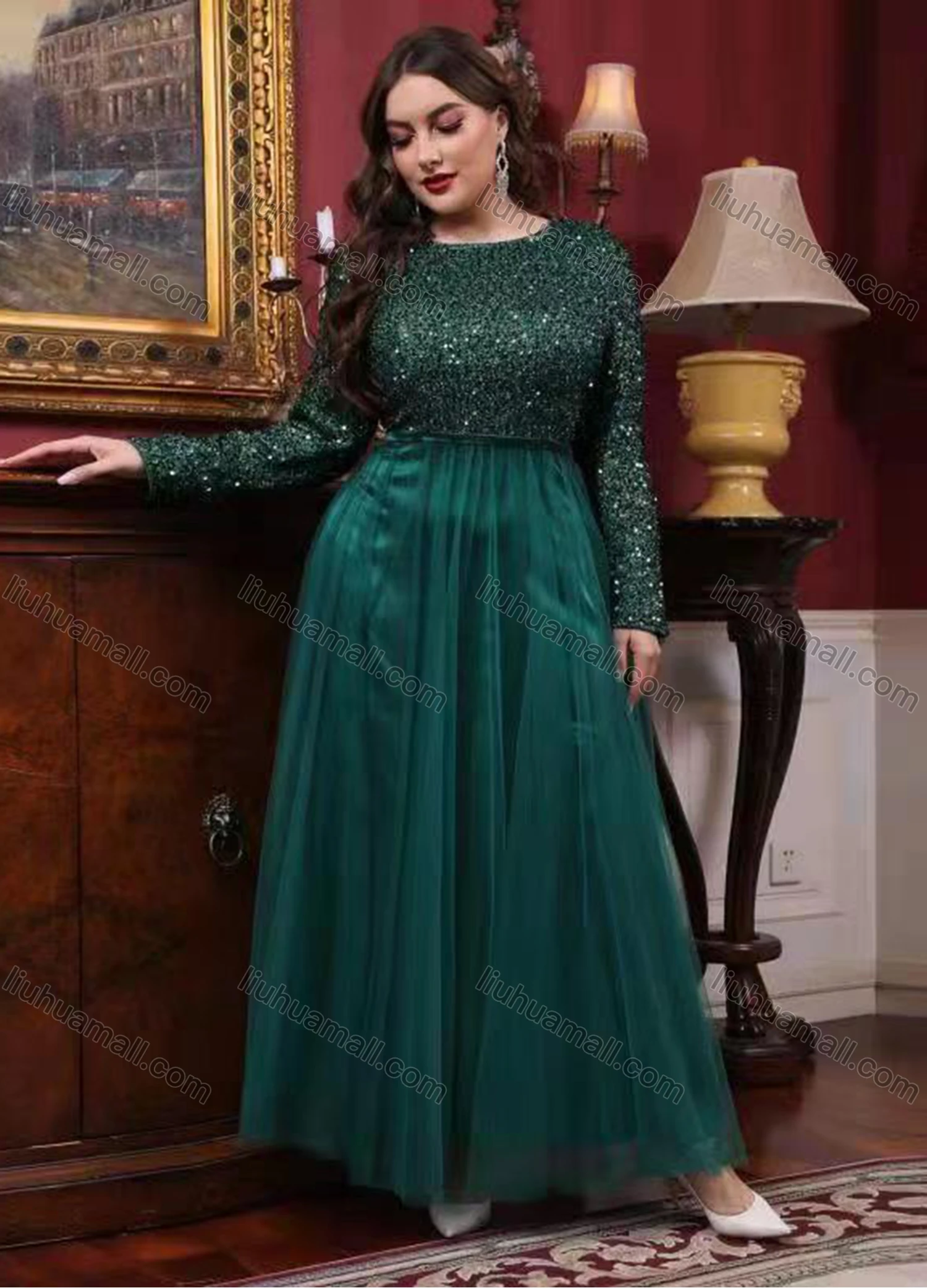 Wholesale Women's Elegant Crew Neck Long Sleeve Sequin Maxi Evening Dress - Liuhuamall