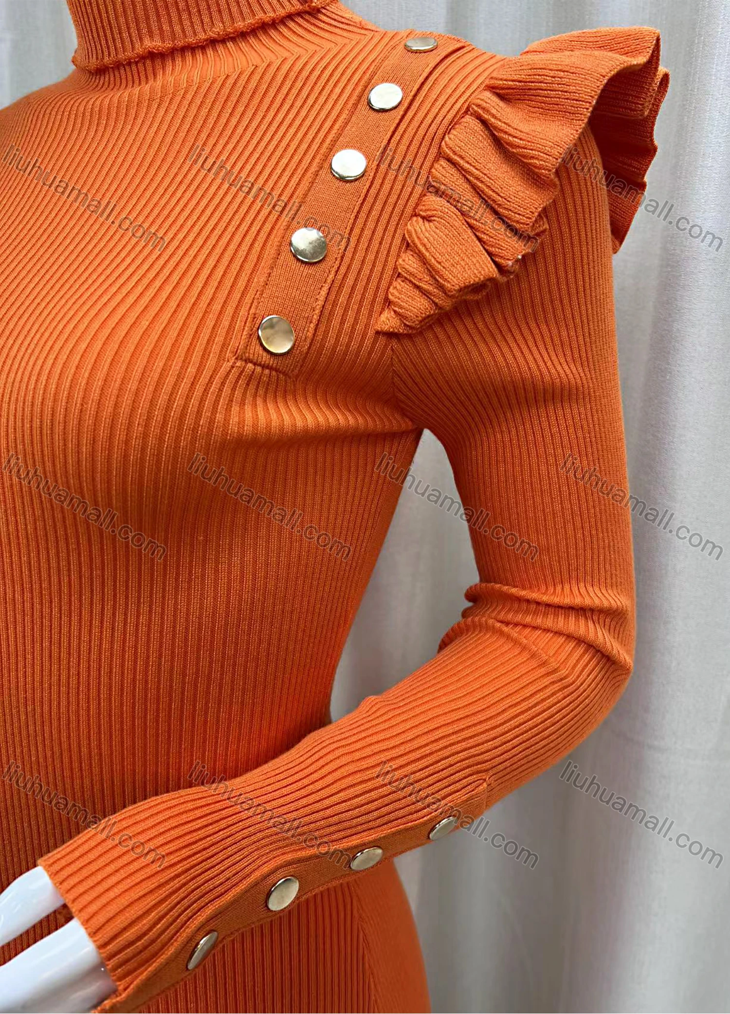 Wholesale Women's Casual Plain Turtleneck Ruffle Trim Long Sleeve Midi Sweater Dress - Liuhuamall