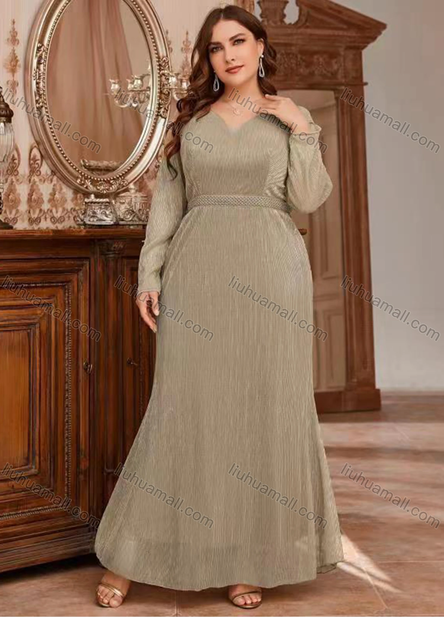 Wholesale Women's Elegant V Neck Long Sleeve Maxi Evening Dress - Liuhuamall