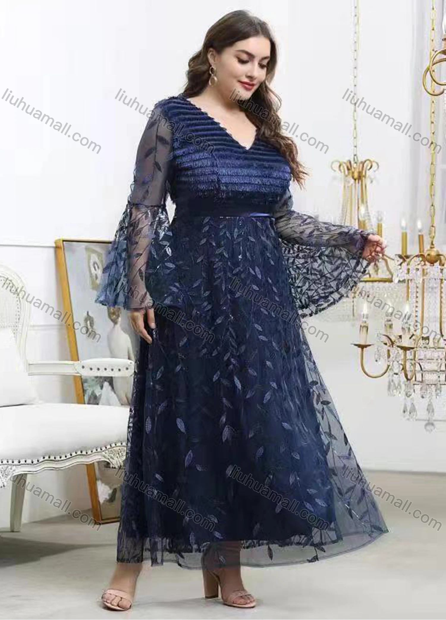 Wholesale Women's Elegant V Neck See Through Sleeve Embroidery Lace Maxi Evening Dress - Liuhuamall