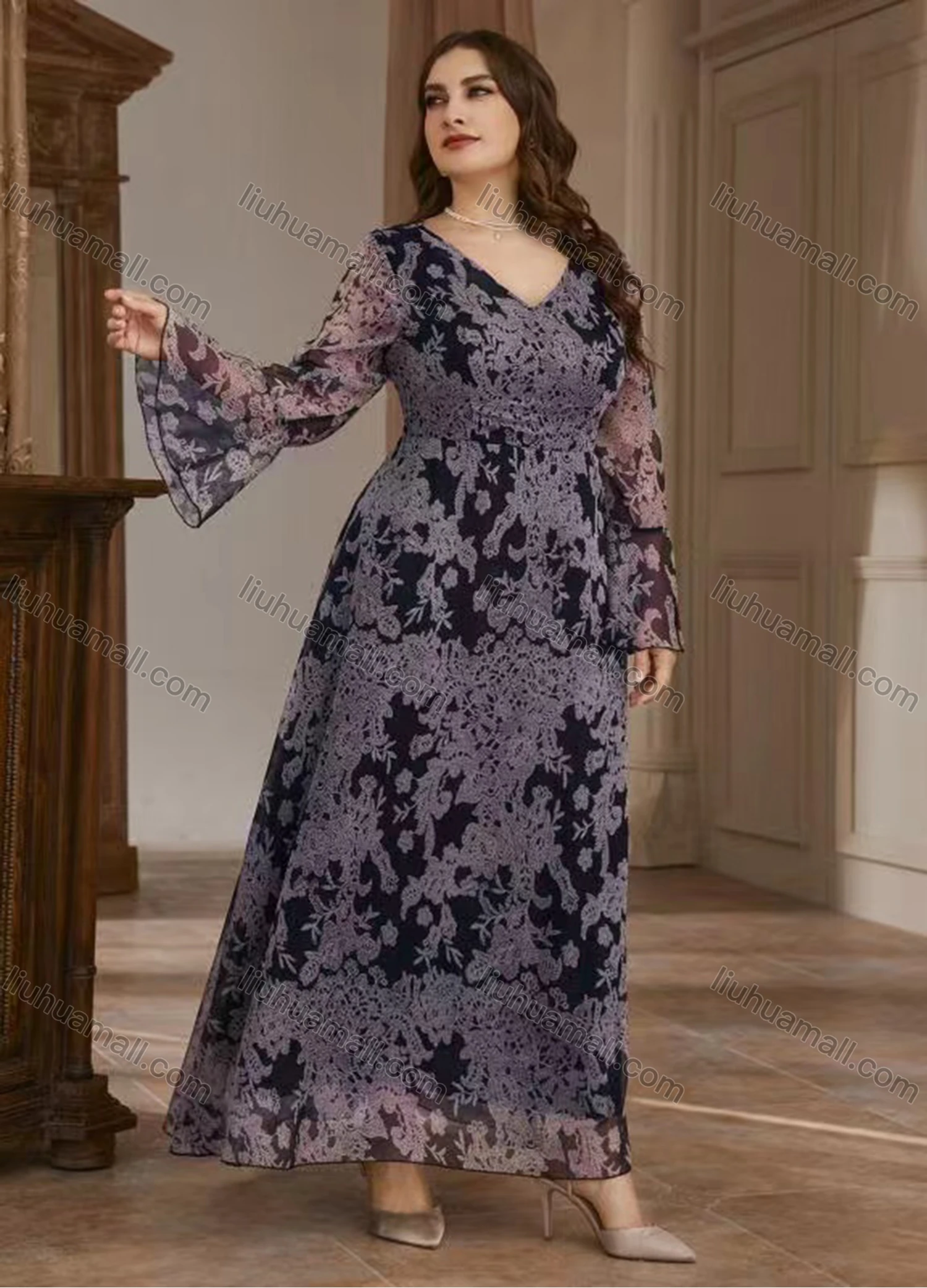 Wholesale Women's Elegant V Neck Long Sleeve Maxi Chiffon Evening Dress - Liuhuamall