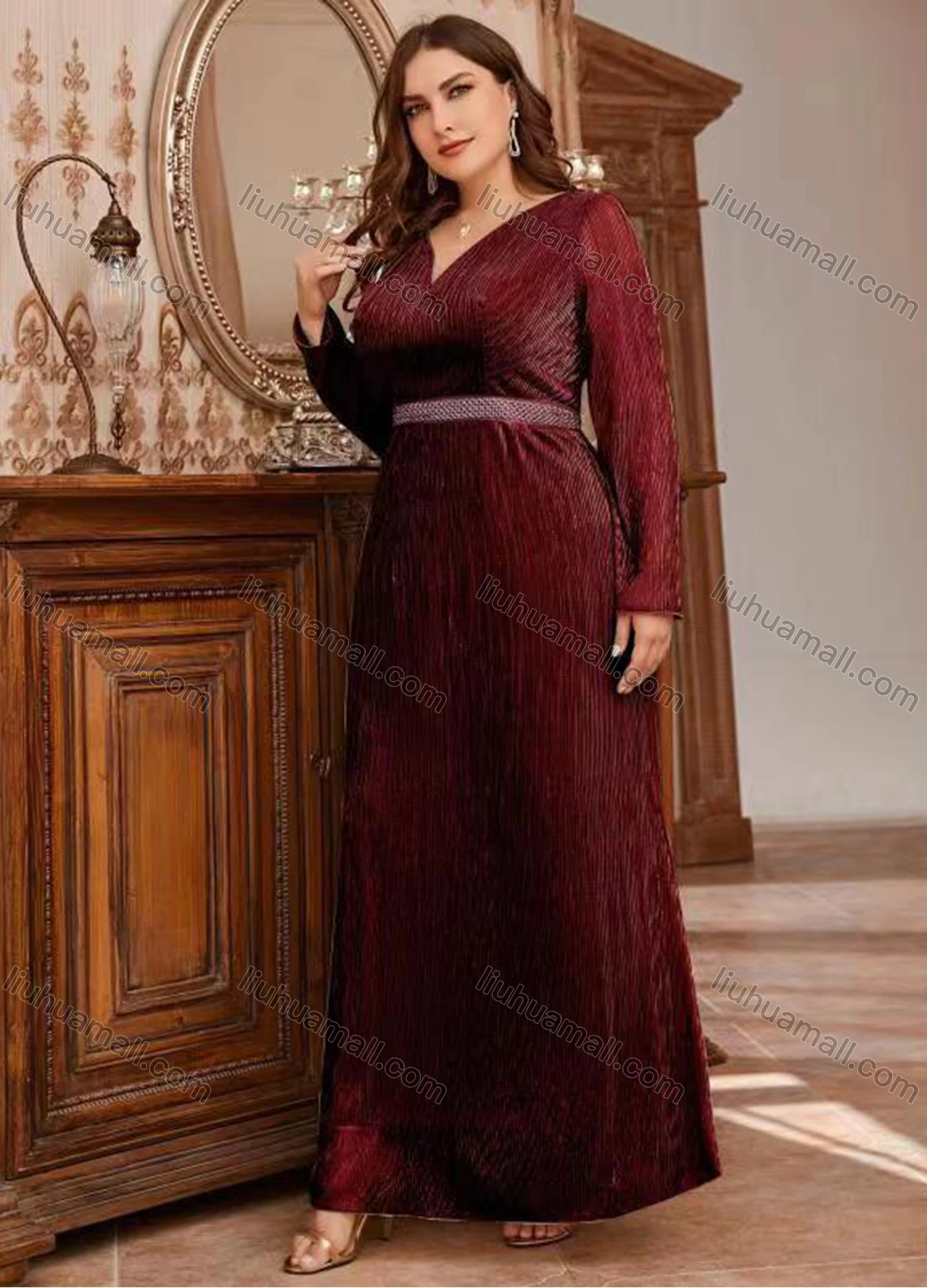 Wholesale Women's Elegant V Neck Long Sleeve Maxi Evening Dress - Liuhuamall
