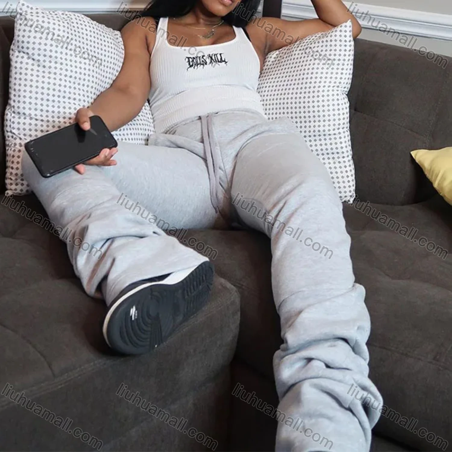 Wholesale Women's Casual Plain High Waist Drawstring Pockets Pants A20565P# - Liuhuamall