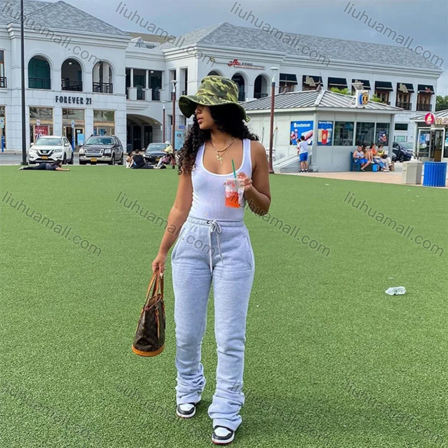 Wholesale Women's Casual Plain High Waist Drawstring Pockets Pants A20565P# - Liuhuamall