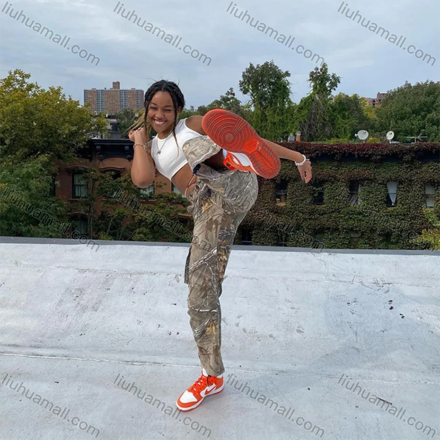 Wholesale Women's Casual Allover Print Multiple Pockets Elastic Waist Cargo Pants A20694P# - Liuhuamall