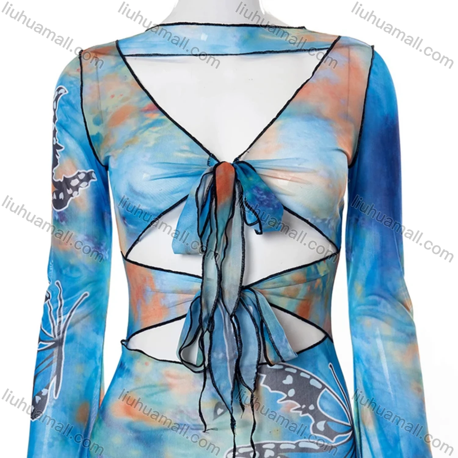 Wholesale Women's Sexy Allover Print Tie Front Cut Out Long Sleeve Short Dress M21DS156# - Liuhuamall