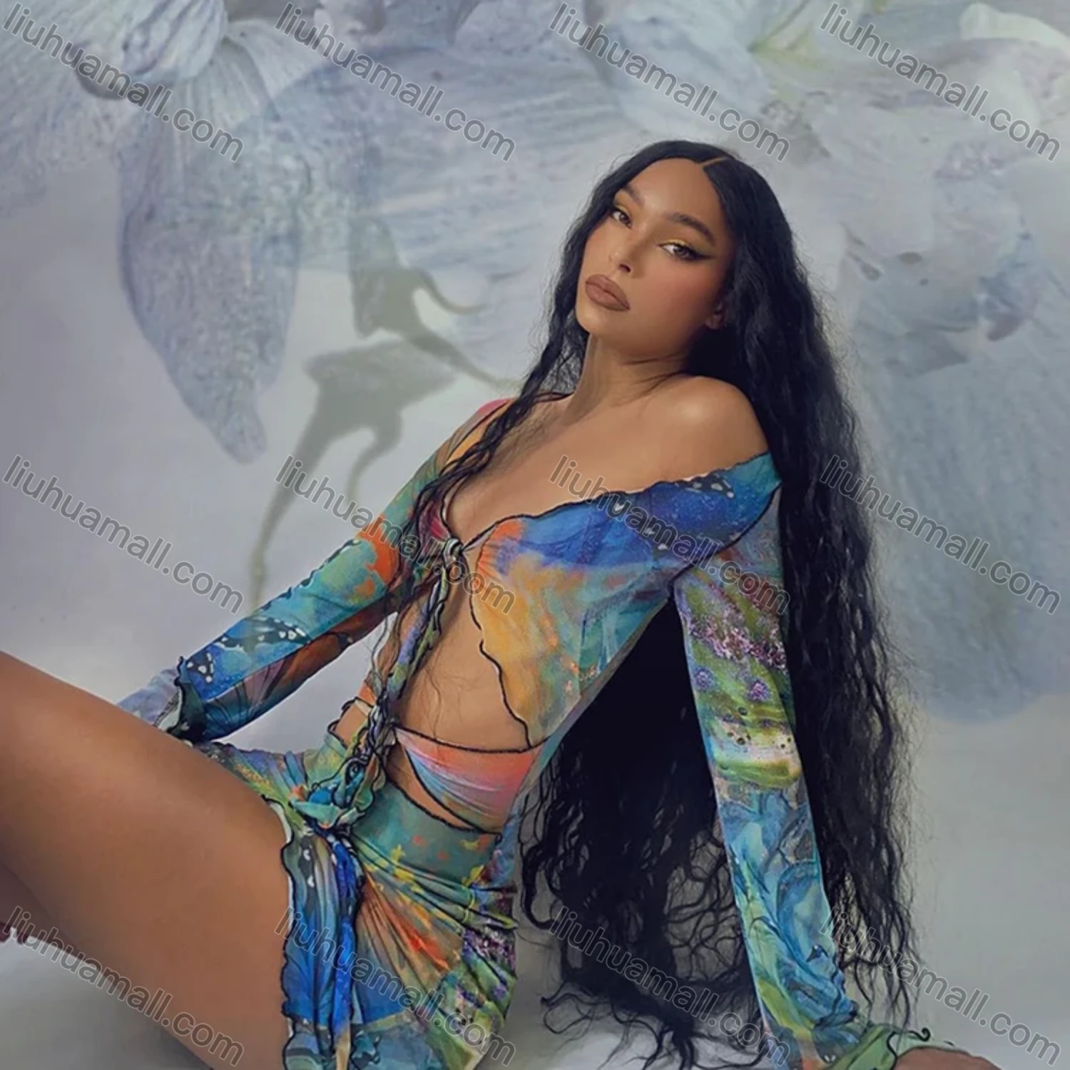 Wholesale Women's Sexy Allover Print Tie Front Cut Out Long Sleeve Short Dress M21DS156# - Liuhuamall