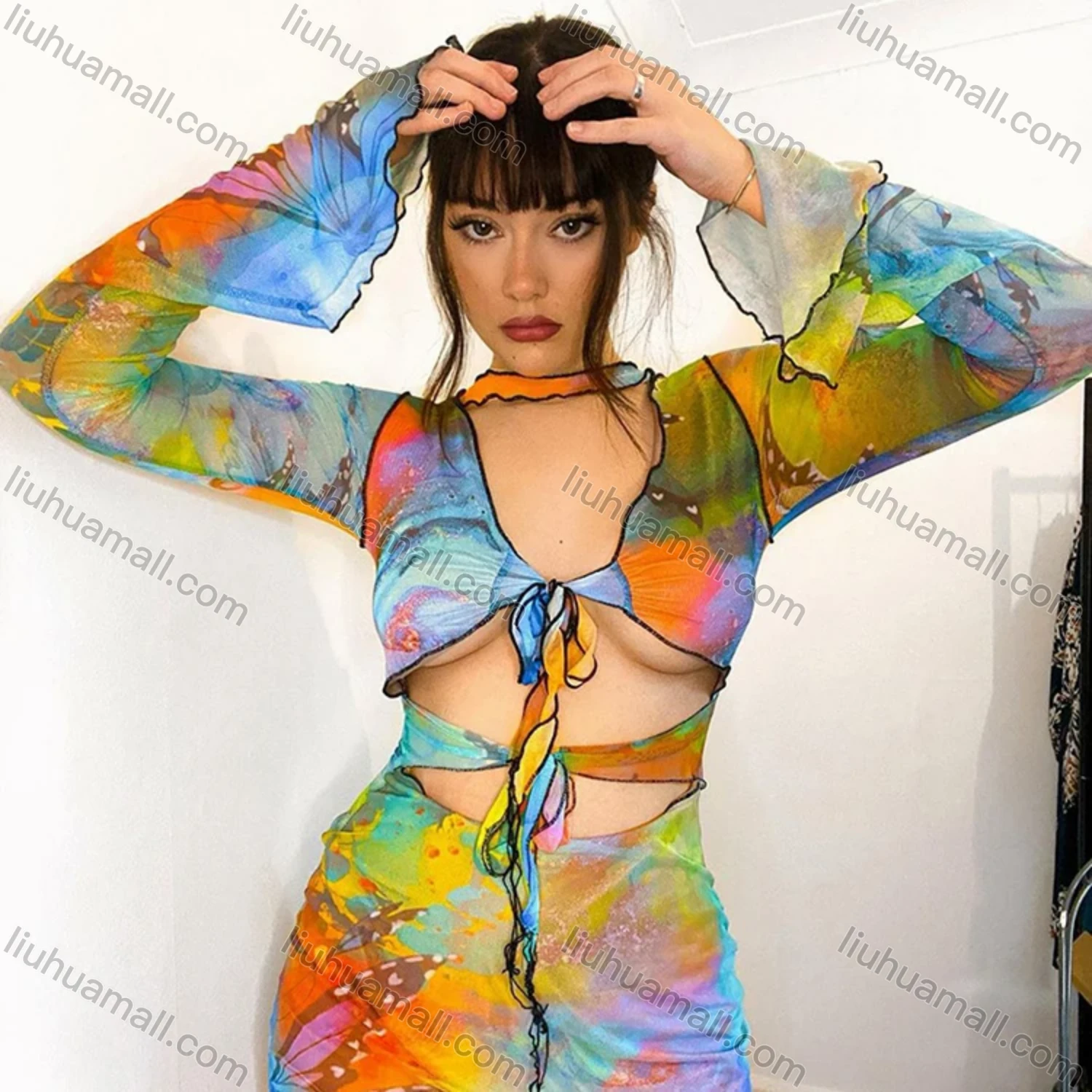 Wholesale Women's Sexy Allover Print Tie Front Cut Out Long Sleeve Short Dress M21DS156# - Liuhuamall