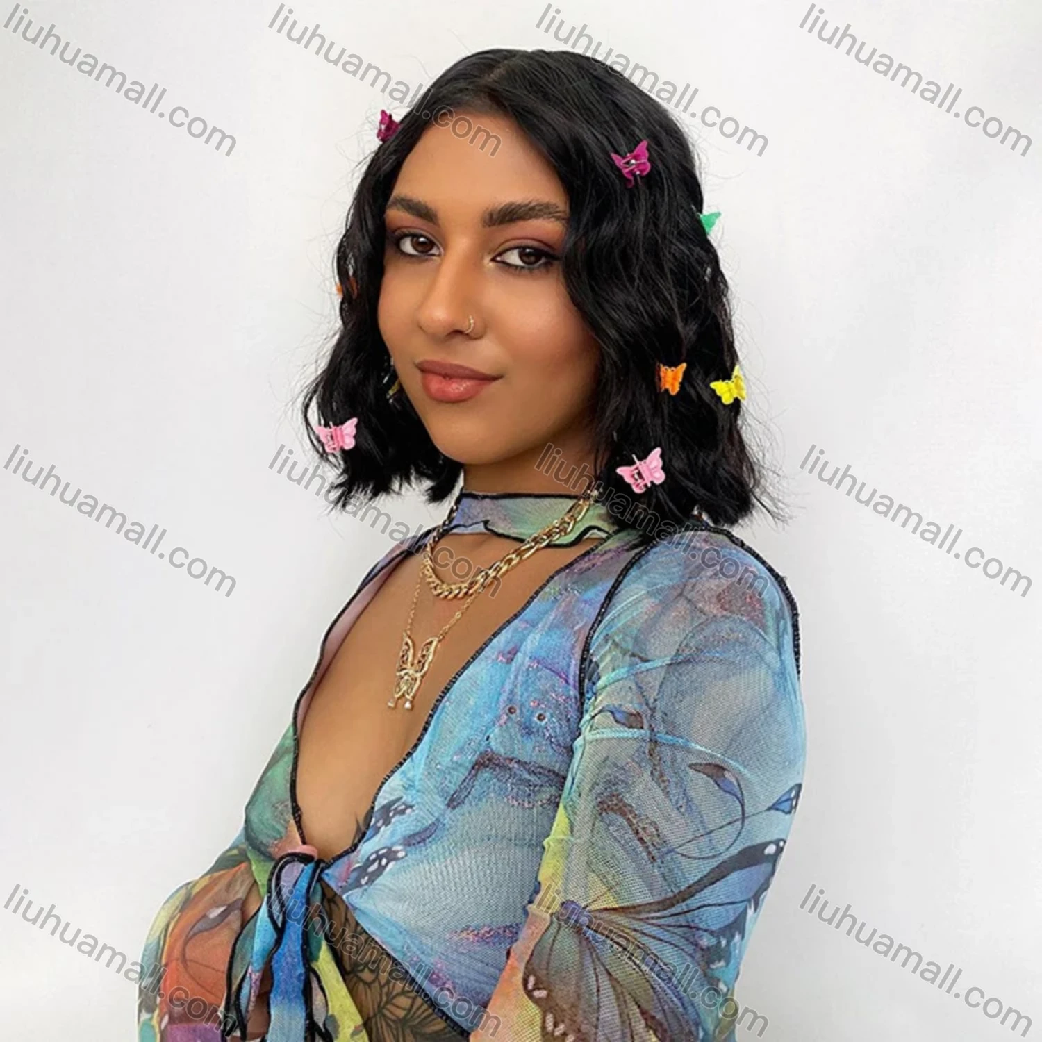 Wholesale Women's Sexy Allover Print Tie Front Cut Out Long Sleeve Short Dress M21DS156# - Liuhuamall