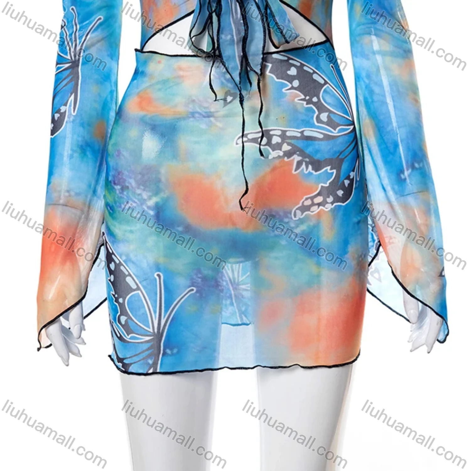 Wholesale Women's Sexy Allover Print Tie Front Cut Out Long Sleeve Short Dress M21DS156# - Liuhuamall