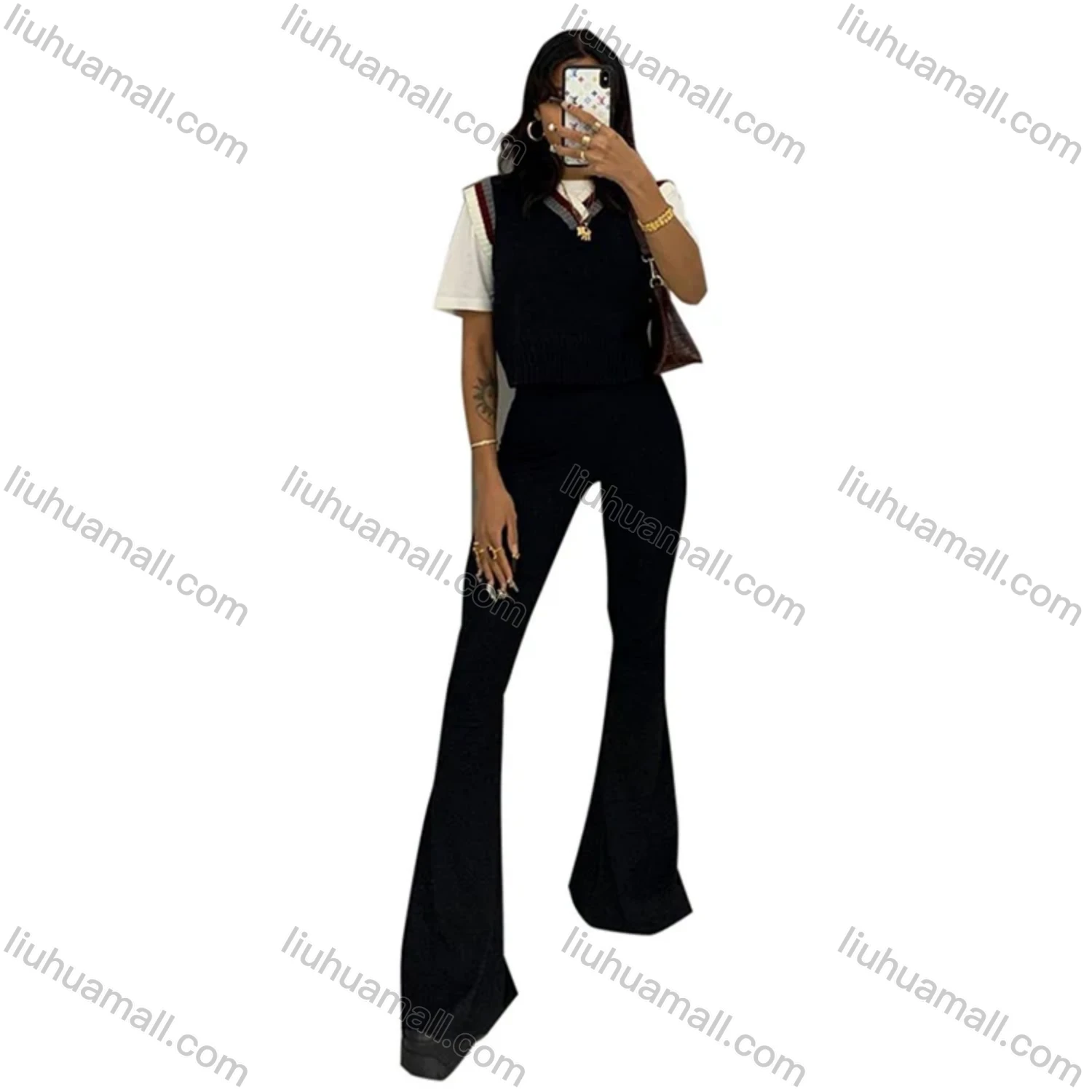 Wholesale Women's Casual Plain High Waist Flare Pants Q21PT152# - Liuhuamall