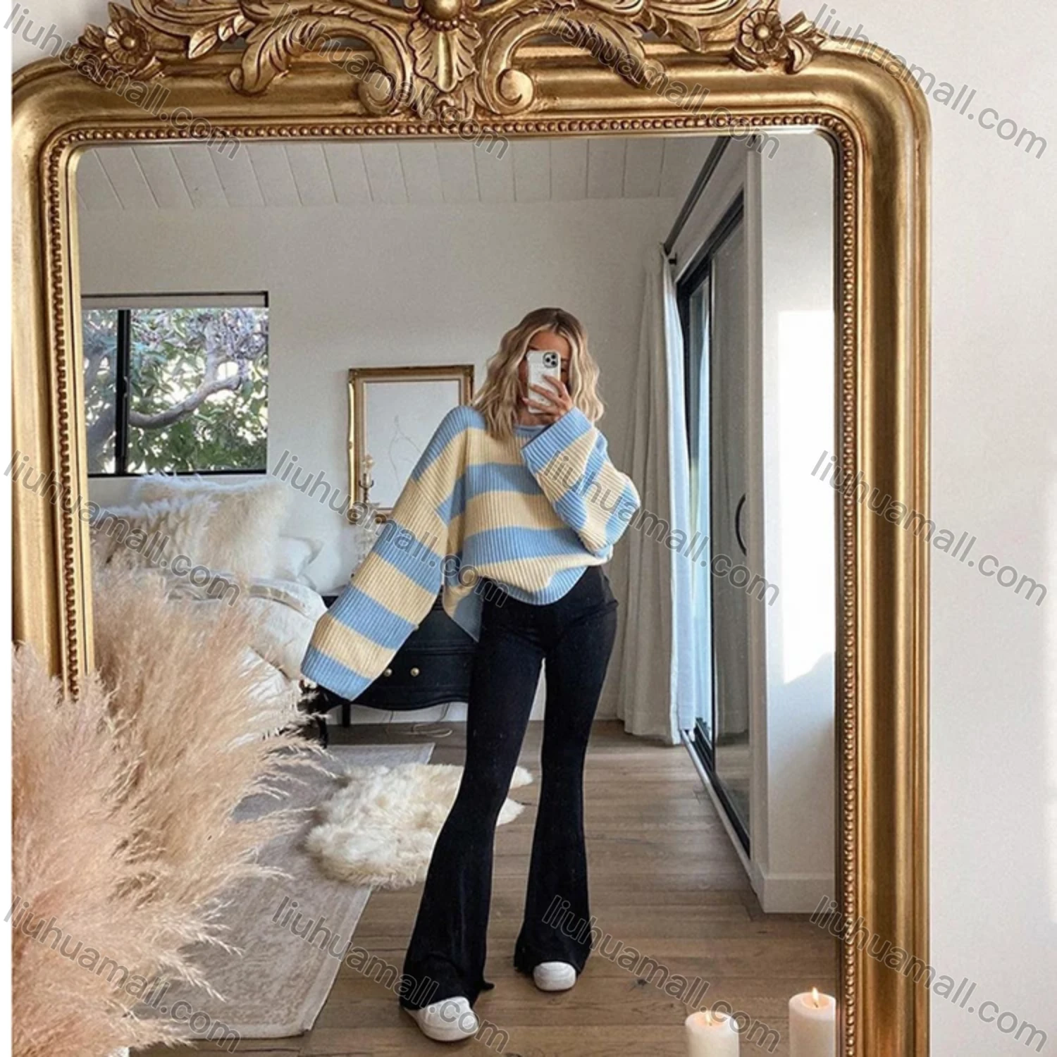 Wholesale Women's Casual Plain High Waist Flare Pants Q21PT152# - Liuhuamall