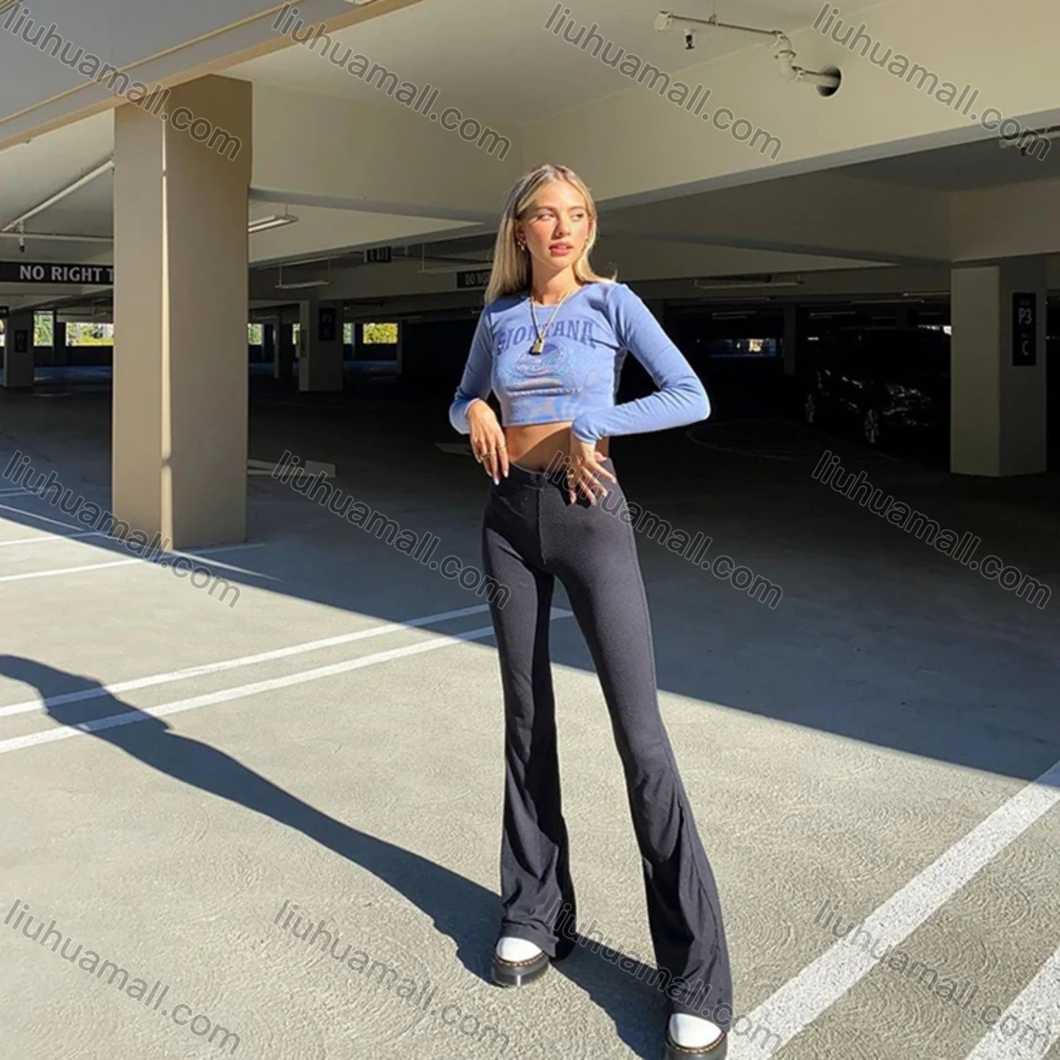 Wholesale Women's Casual Plain High Waist Flare Pants Q21PT152# - Liuhuamall