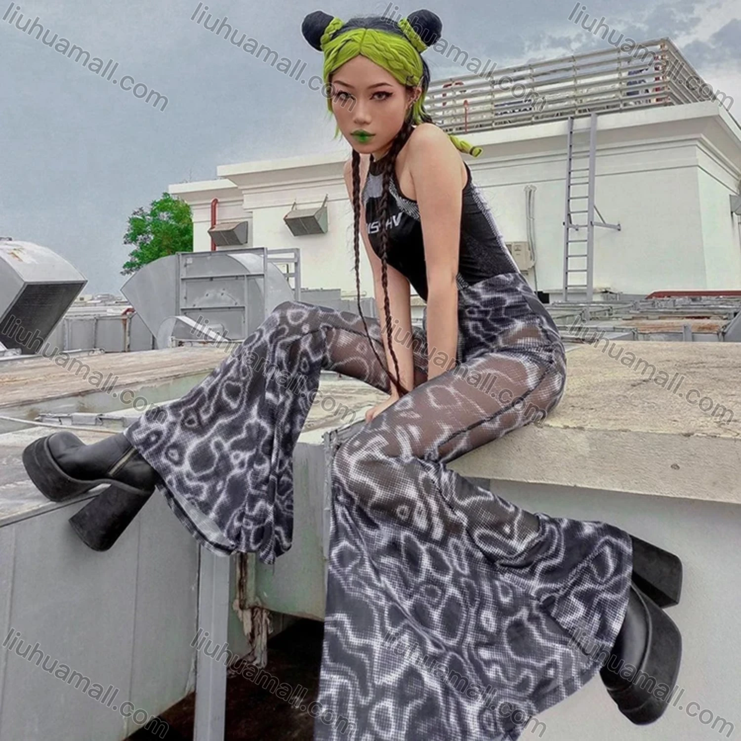 Wholesale Women's Casual Mesh Python Texture High Waist Flared Pants Q21PT540# - Liuhuamall