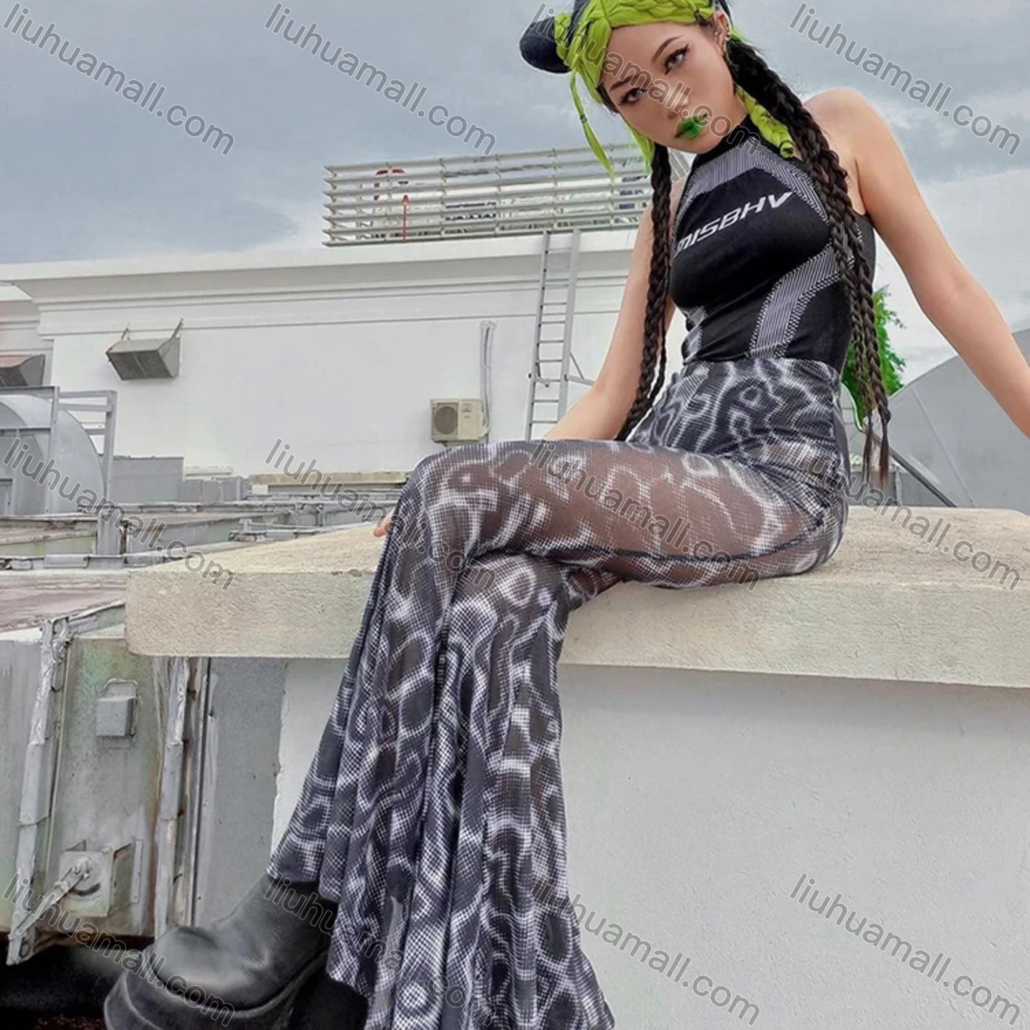 Wholesale Women's Casual Mesh Python Texture High Waist Flared Pants Q21PT540# - Liuhuamall