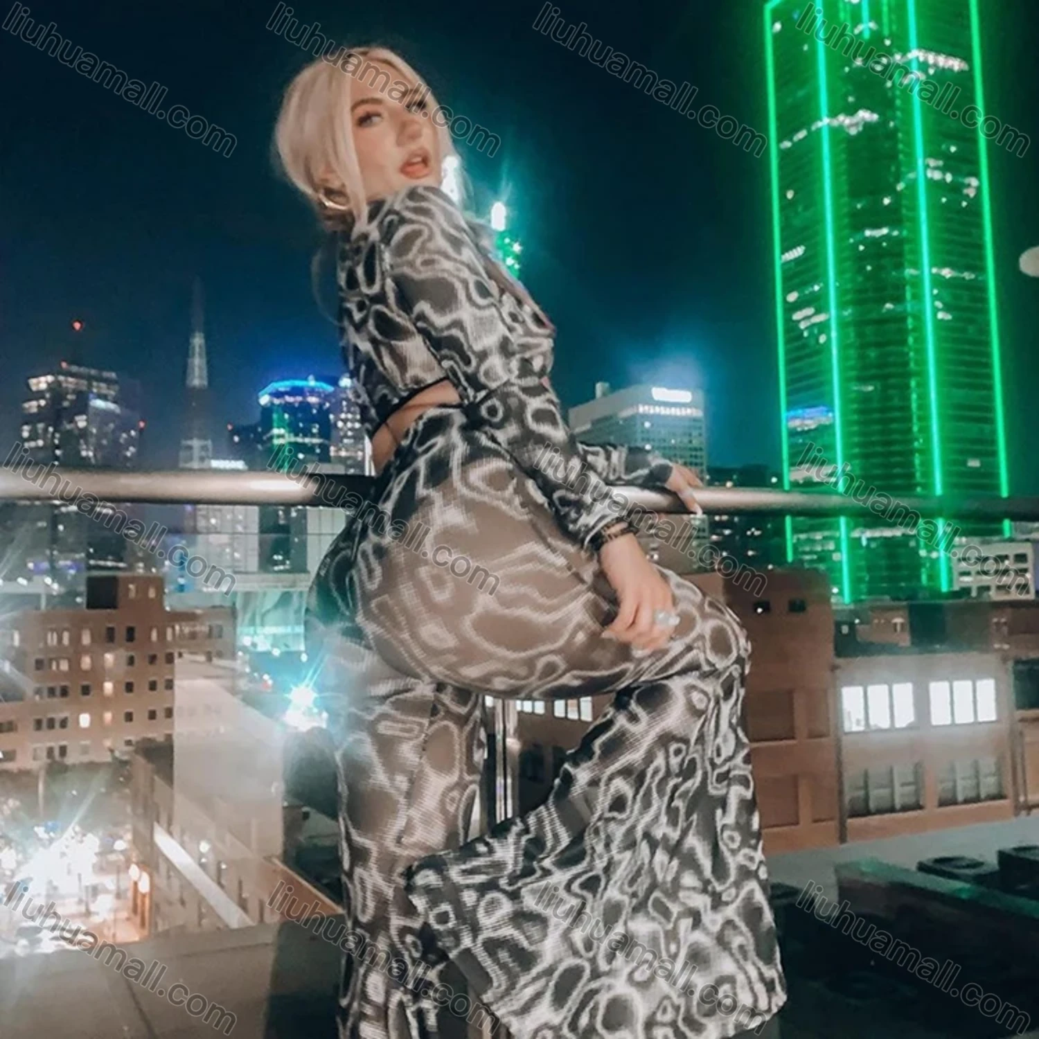 Wholesale Women's Casual Mesh Python Texture High Waist Flared Pants Q21PT540# - Liuhuamall