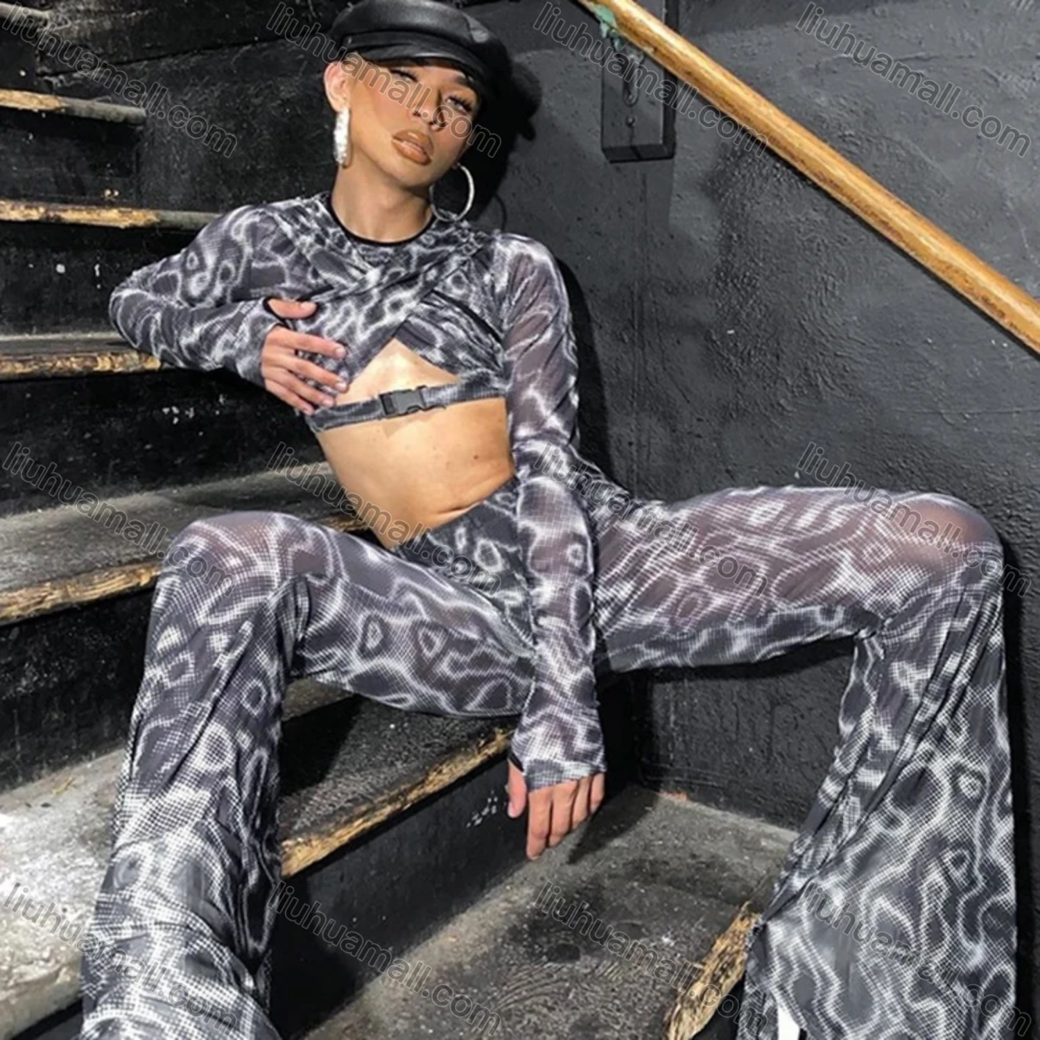 Wholesale Women's Casual Mesh Python Texture High Waist Flared Pants Q21PT540# - Liuhuamall